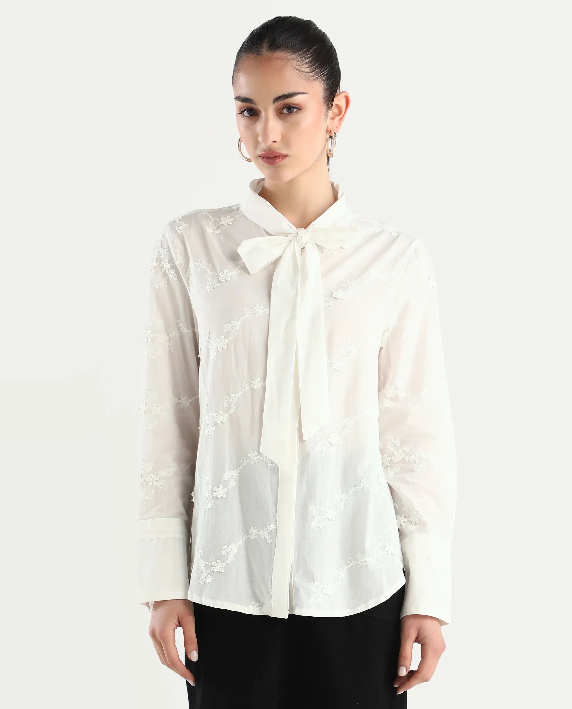 Rareism Women's Jeneiro White Cotton Tie-Up Neck Plain Cuffed Sleeve Regular Fit Shirt