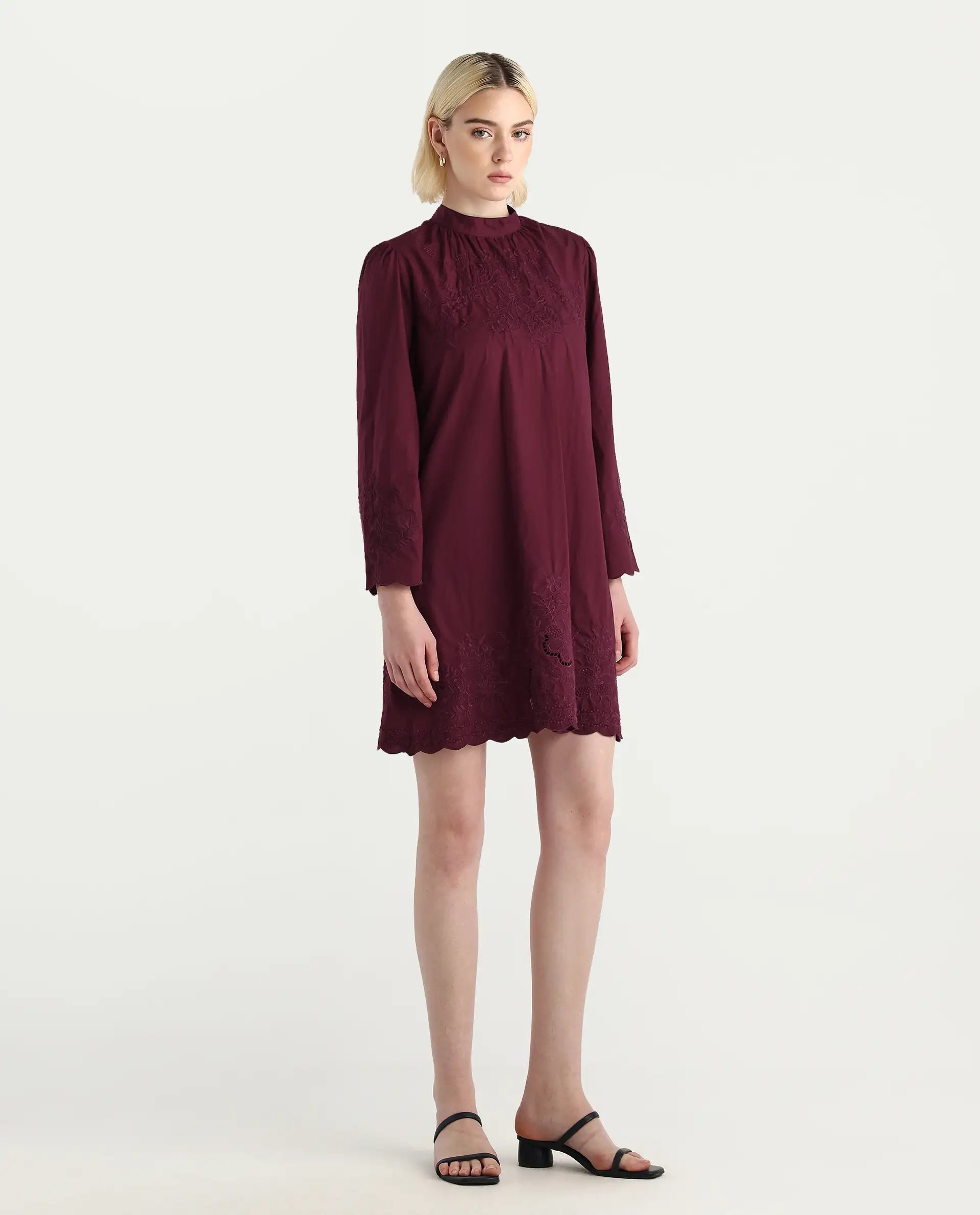 Rareism Women's Jenmin Maroon Cotton Bell Sleeves Mandarin Collar A-Line Fit Plain Dress