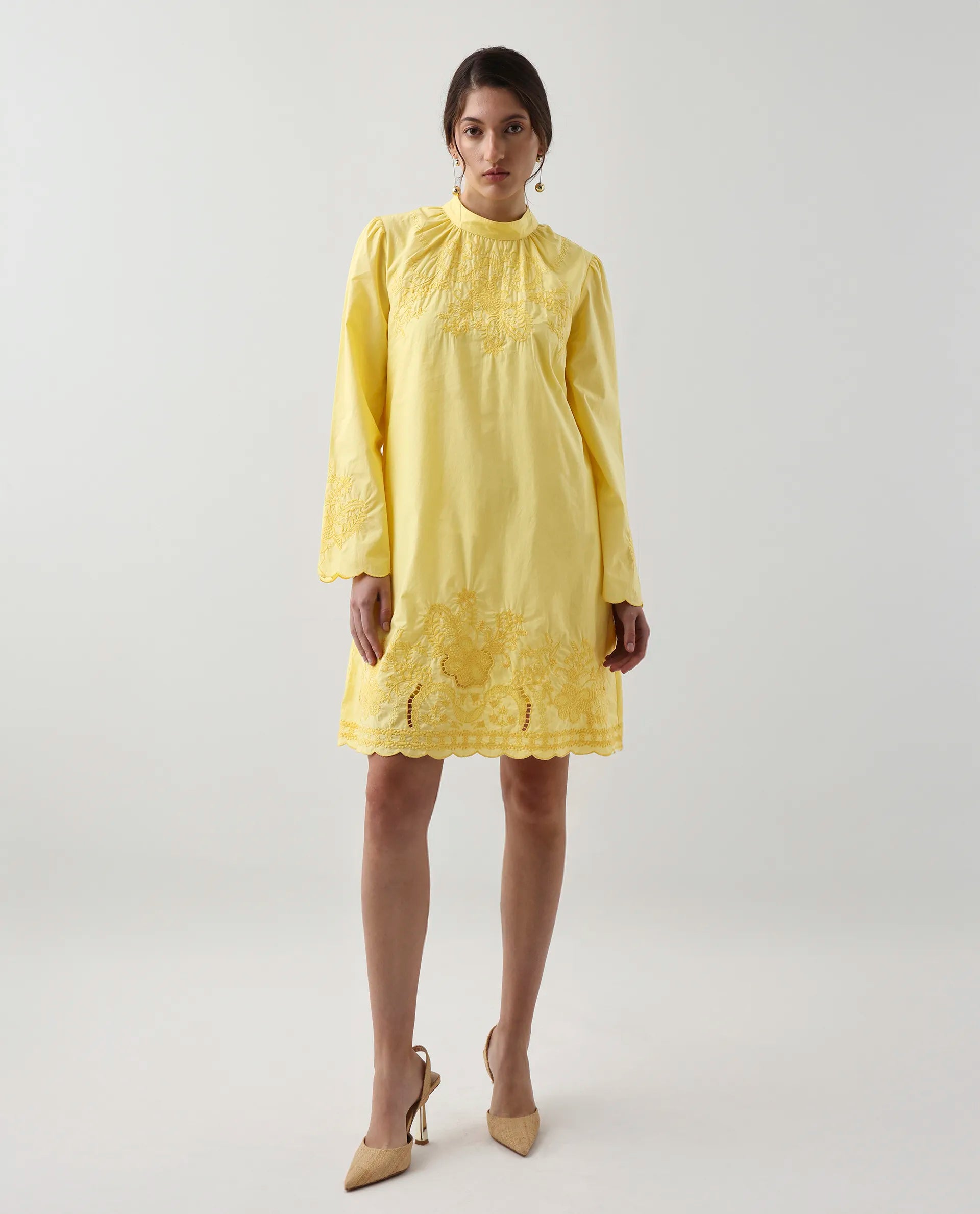 Rareism Women's Jenmin Yellow Cotton Mandarin Collar A-Line Plain Dress