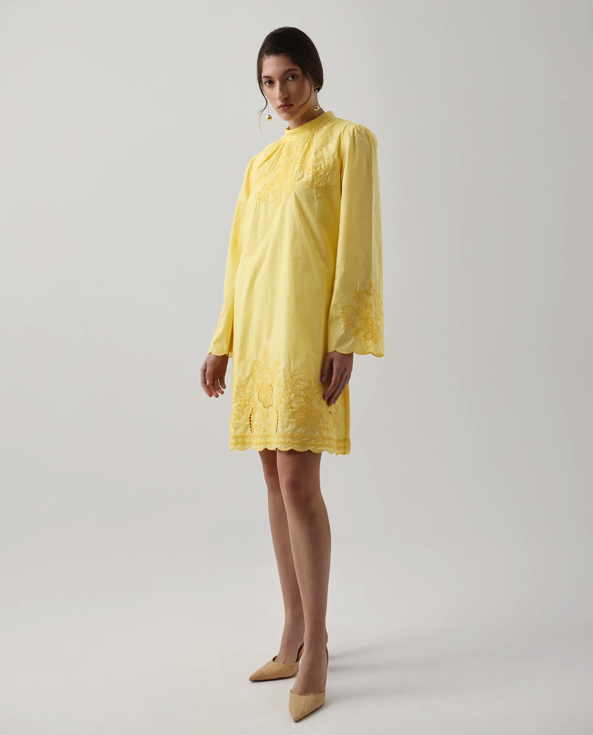 Rareism Women's Jenmin Yellow Cotton Mandarin Collar A-Line Plain Dress