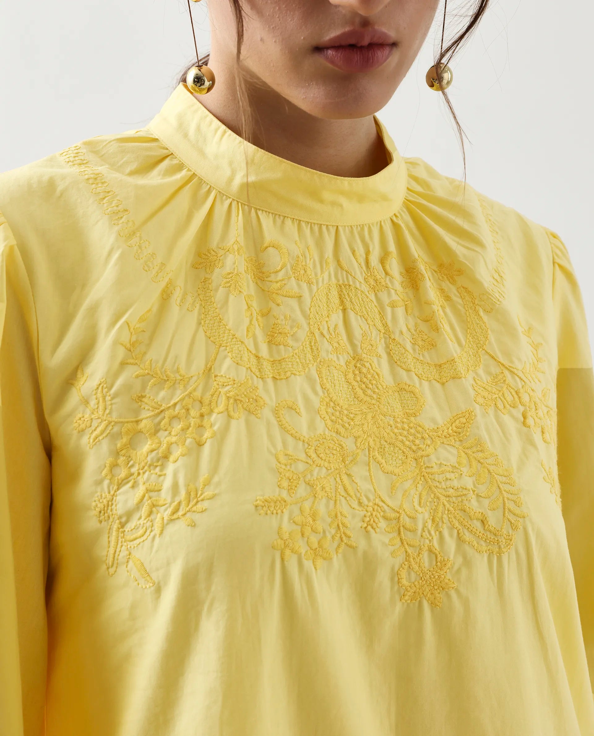 Rareism Women's Jenmin Yellow Cotton Mandarin Collar A-Line Plain Dress