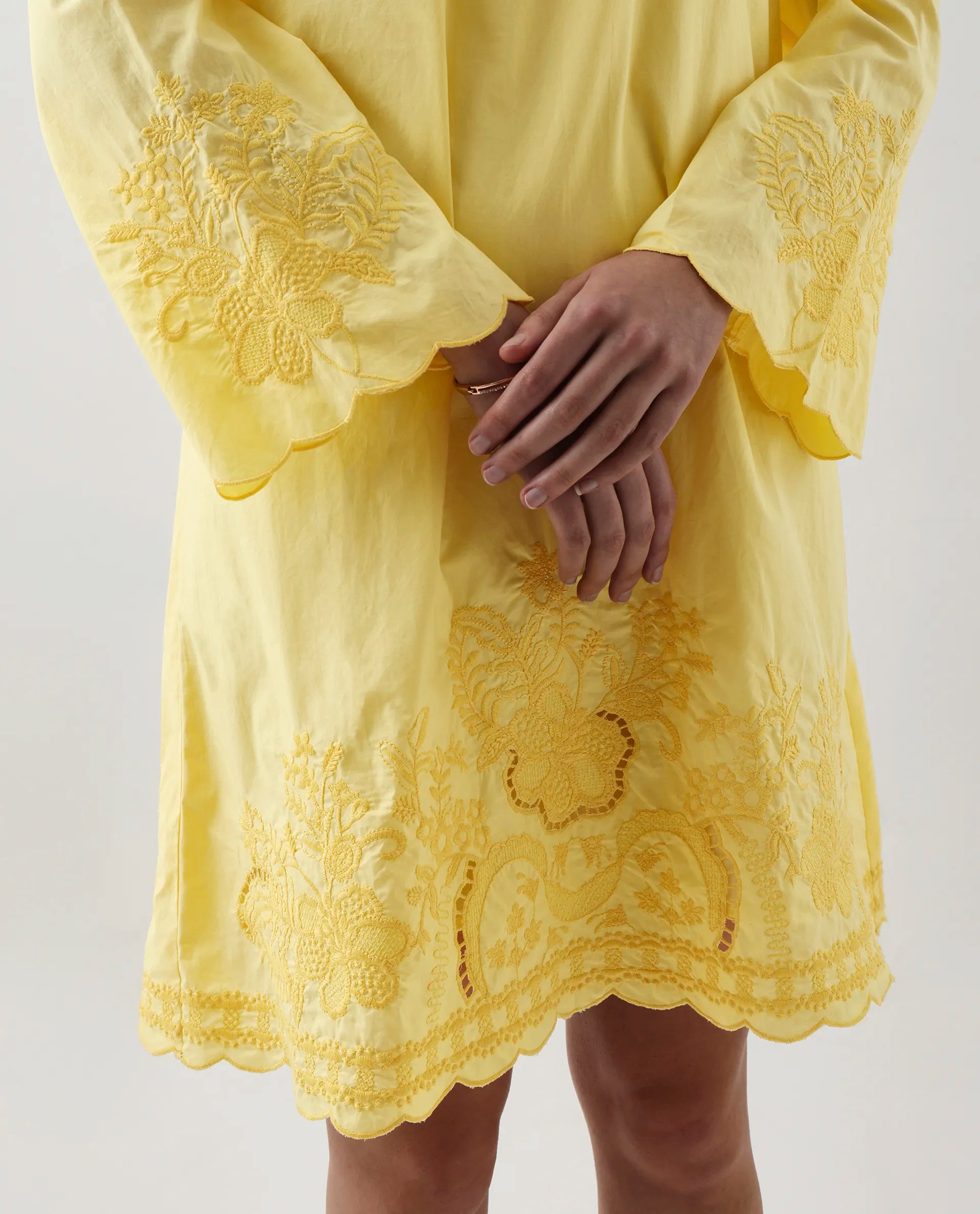 Rareism Women's Jenmin Yellow Cotton Mandarin Collar A-Line Plain Dress