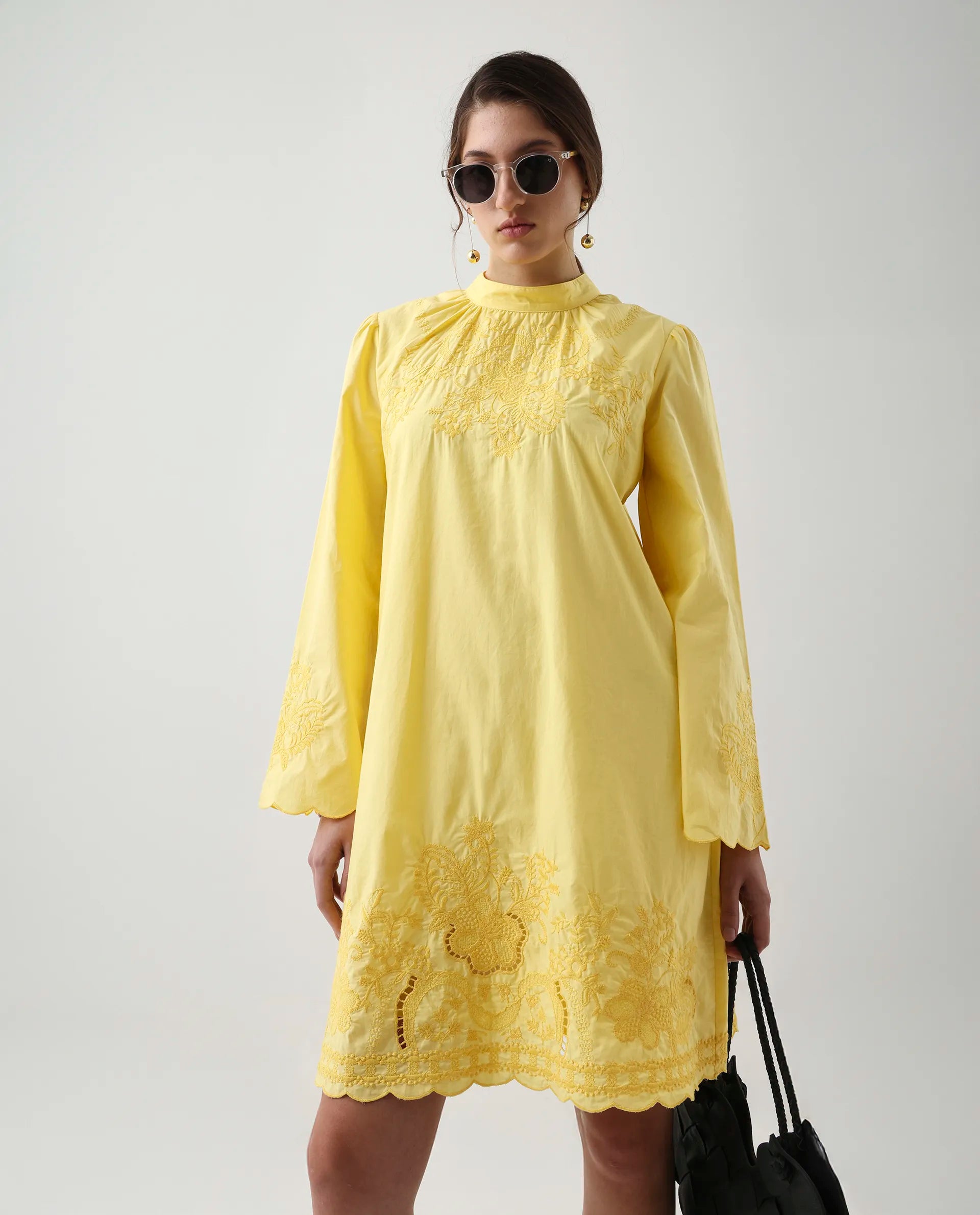 Rareism Women's Jenmin Yellow Cotton Mandarin Collar A-Line Plain Dress