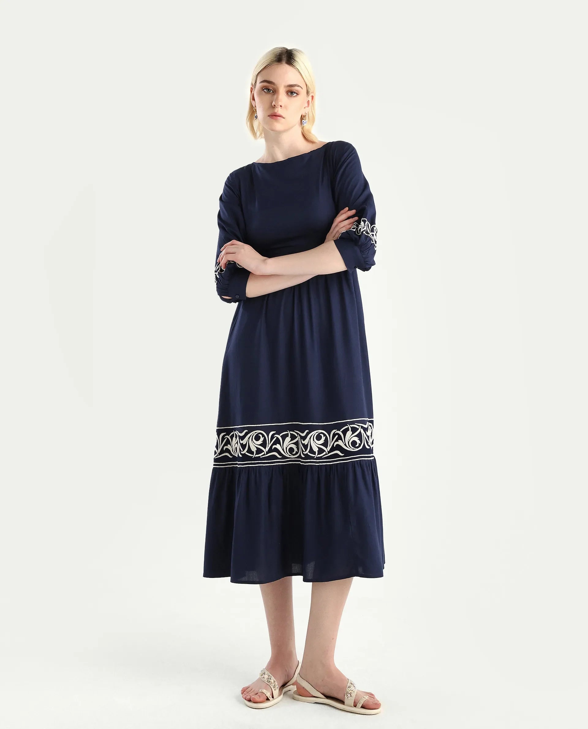Rareism Women's Jenpen Navy Viscose Boat Neck Fit And Flare Plain Midi Dress