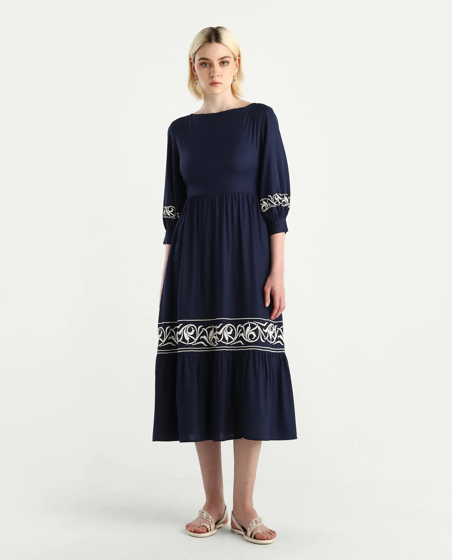 Rareism Women's Jenpen Navy Viscose Boat Neck Fit And Flare Plain Midi Dress