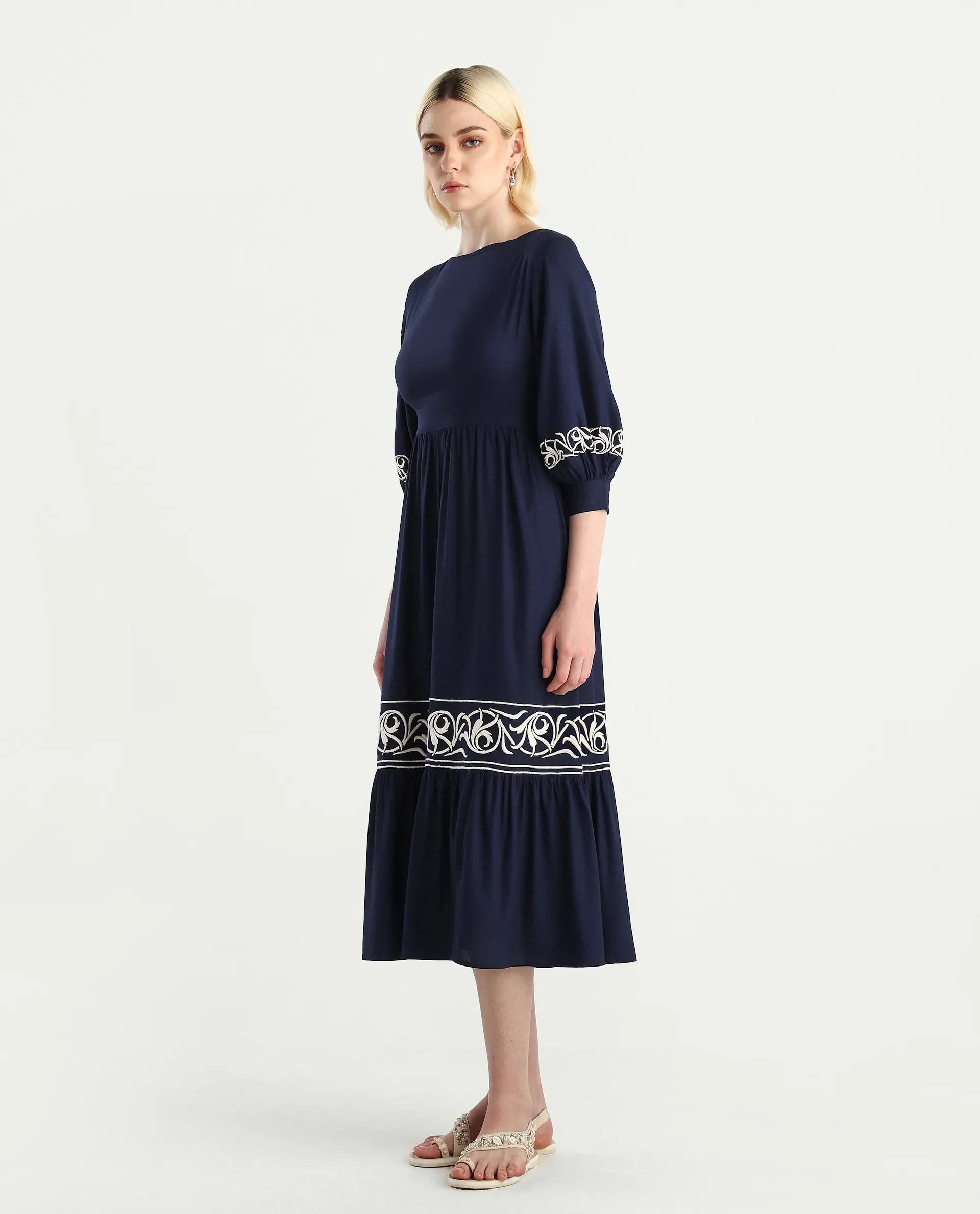 Rareism Women's Jenpen Navy Viscose Boat Neck Fit And Flare Plain Midi Dress