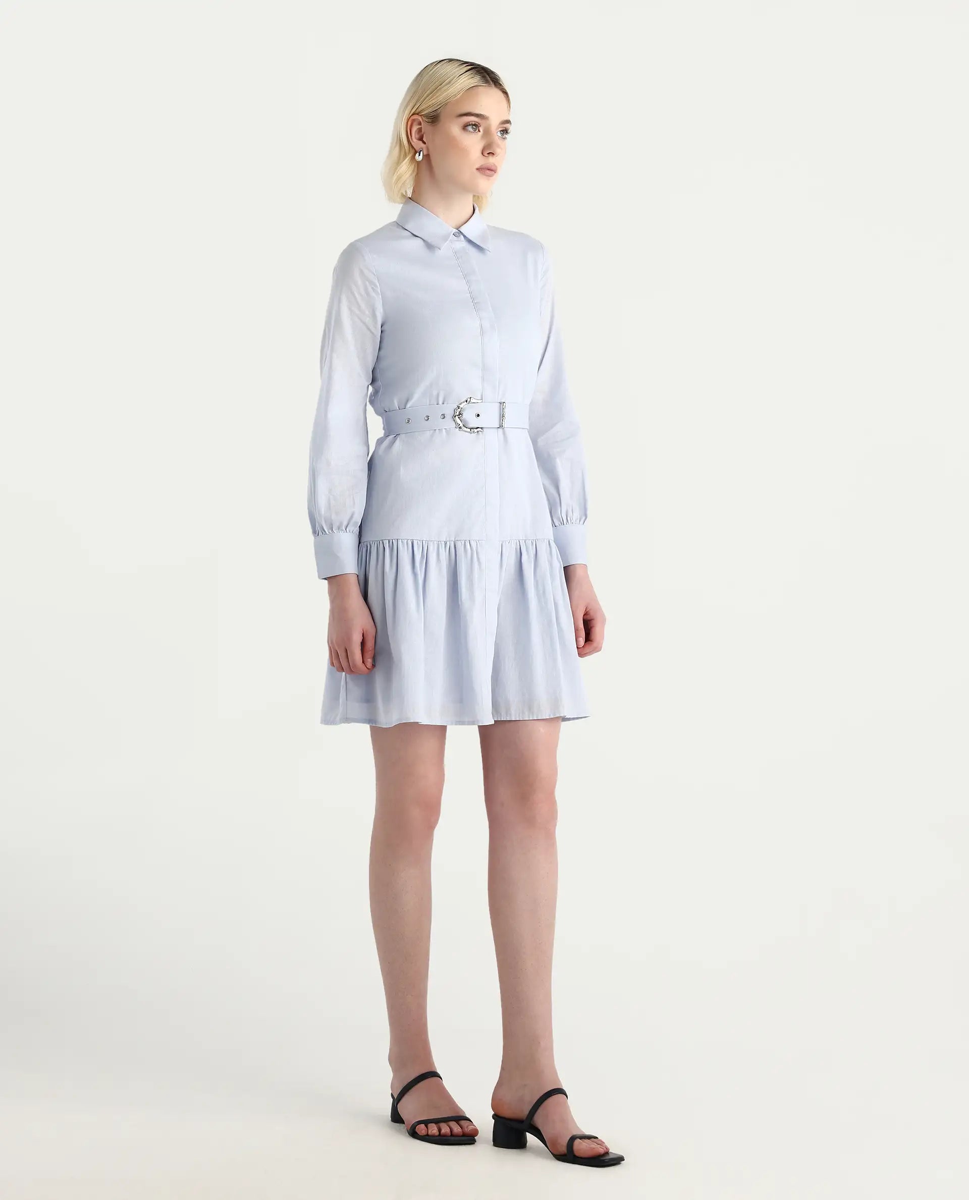 Rareism Women's Jenron Blue Cotton Blend Collared Neck Flared Plain Dress