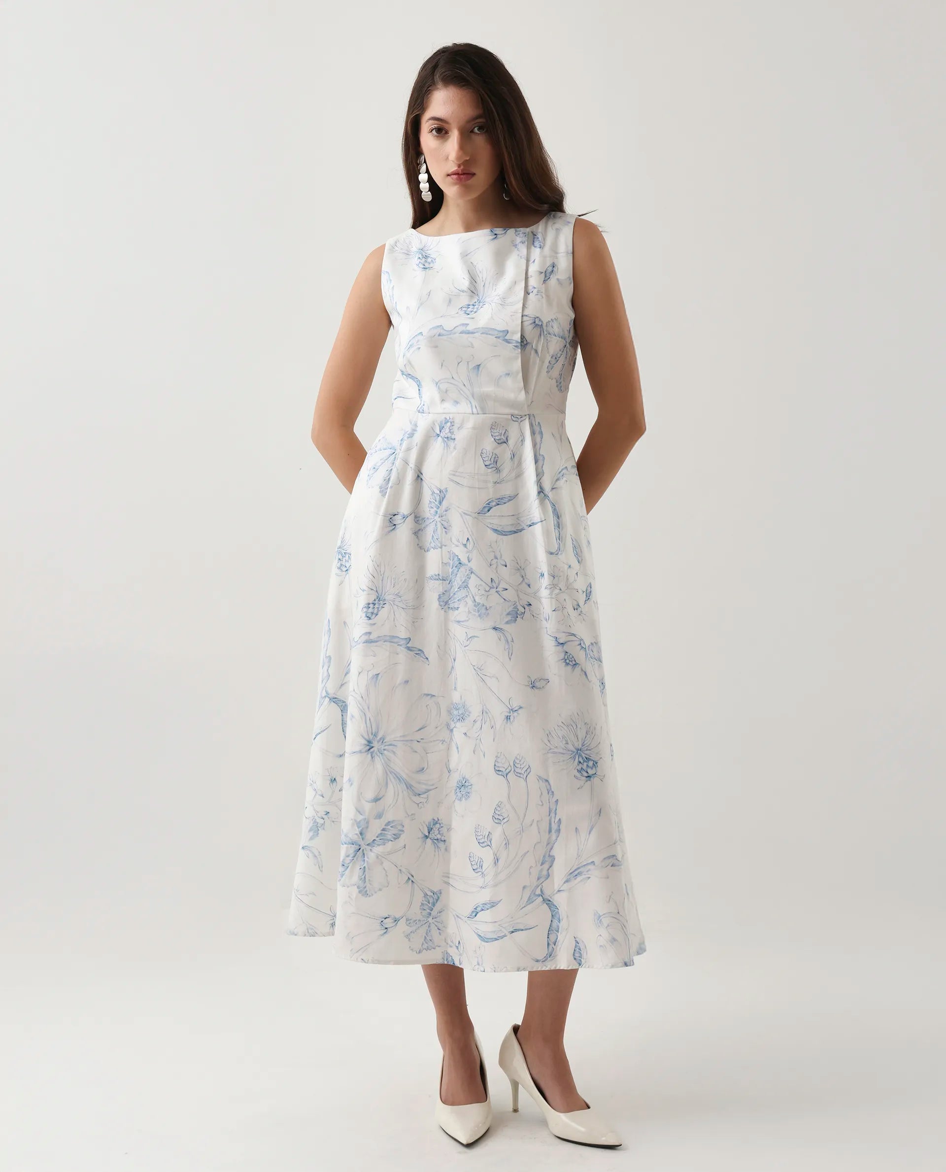 Rareism Women's Jensit Off White Cotton Boat Neck Fit And Flare Printed Midi Dress