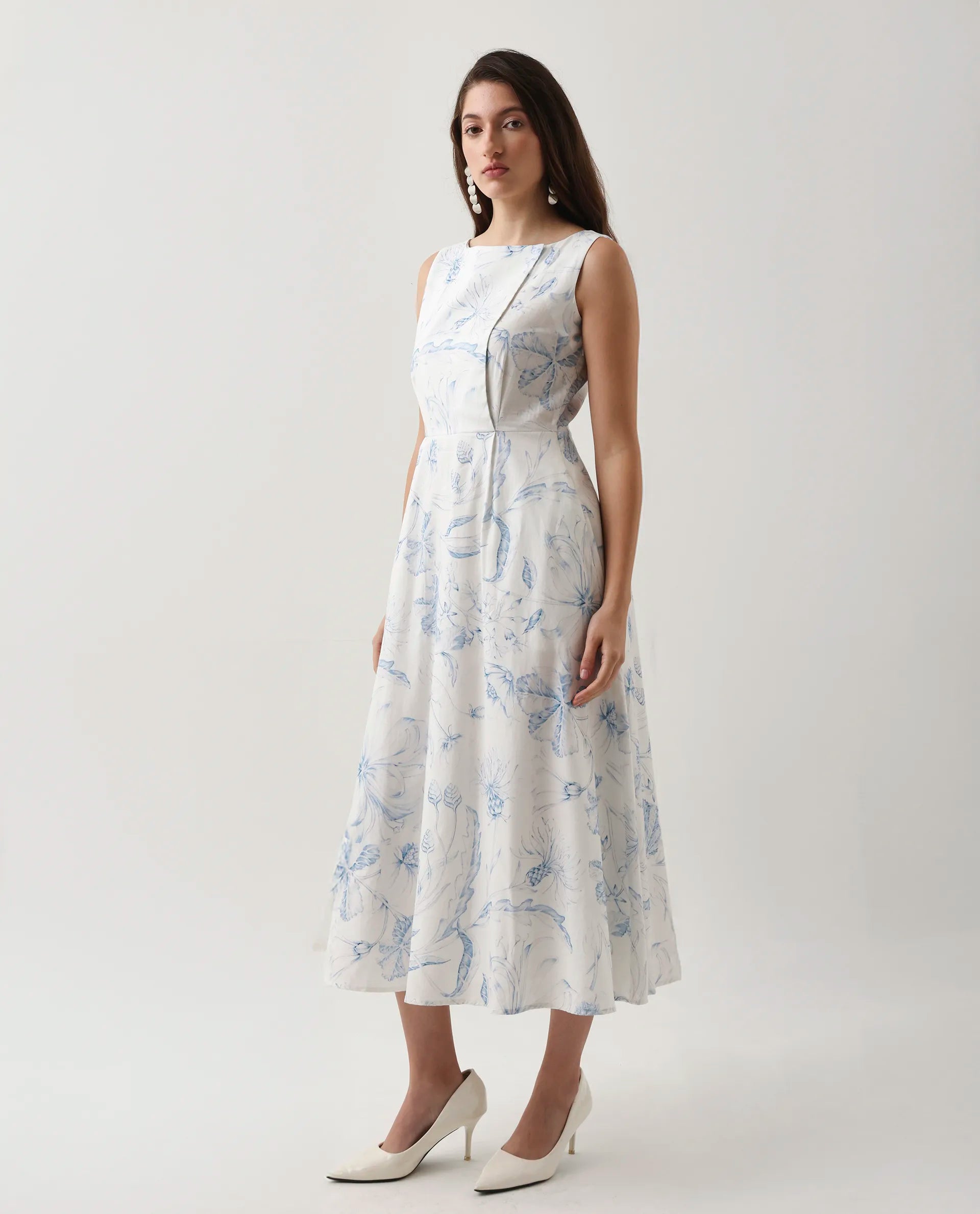 Rareism Women's Jensit Off White Cotton Boat Neck Fit And Flare Printed Midi Dress