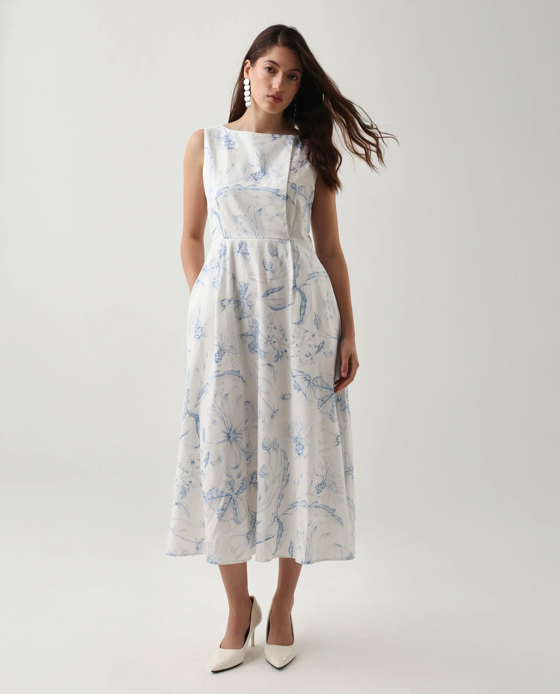 Rareism Women's Jensit Off White Cotton Boat Neck Fit And Flare Printed Midi Dress