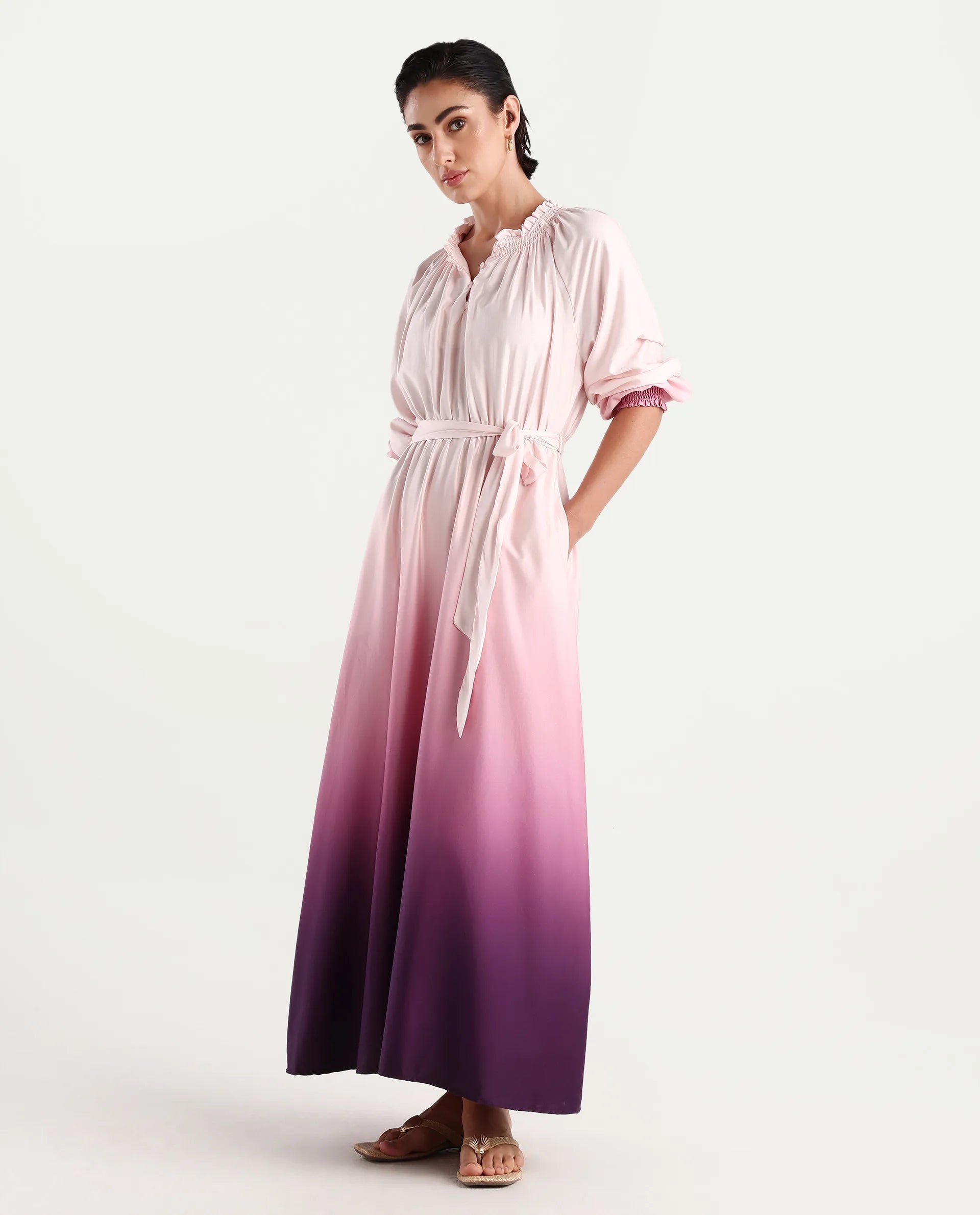 Rareism Women's Jentic Purple Cotton Blend Ruffled Neck Flared Printed Dress