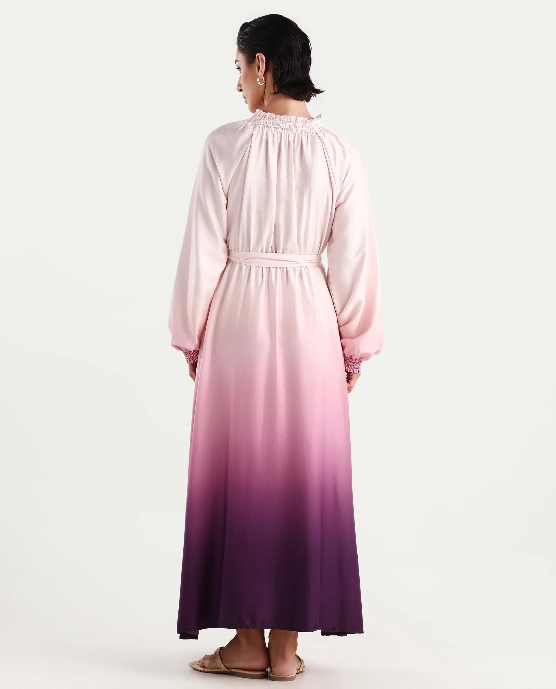 Rareism Women's Jentic Purple Cotton Blend Ruffled Neck Flared Printed Dress