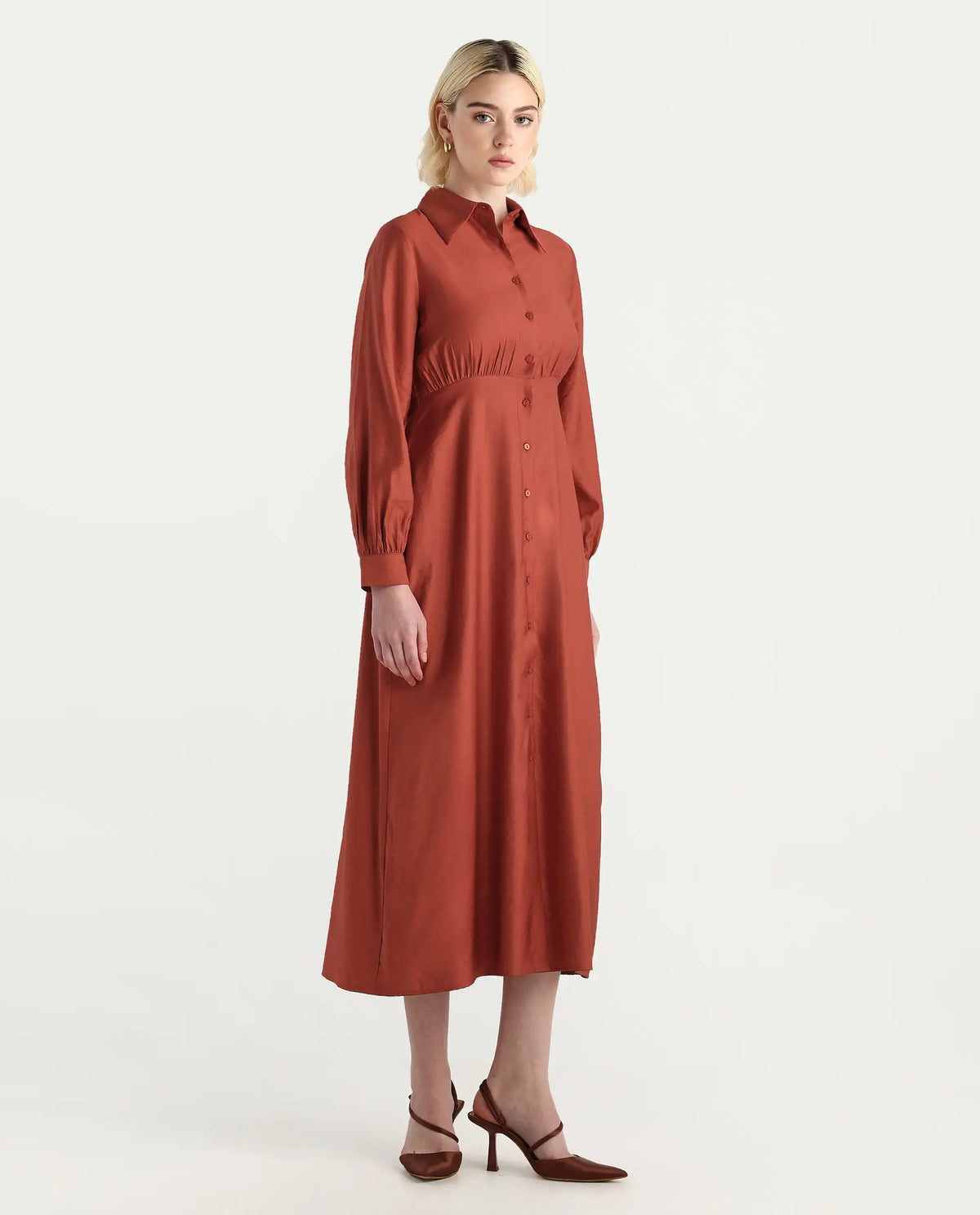 Rareism Women's Jenzif Rust Viscose Blend Cuffed Sleeve Collared Neck A-Line Fit Plain Dress
