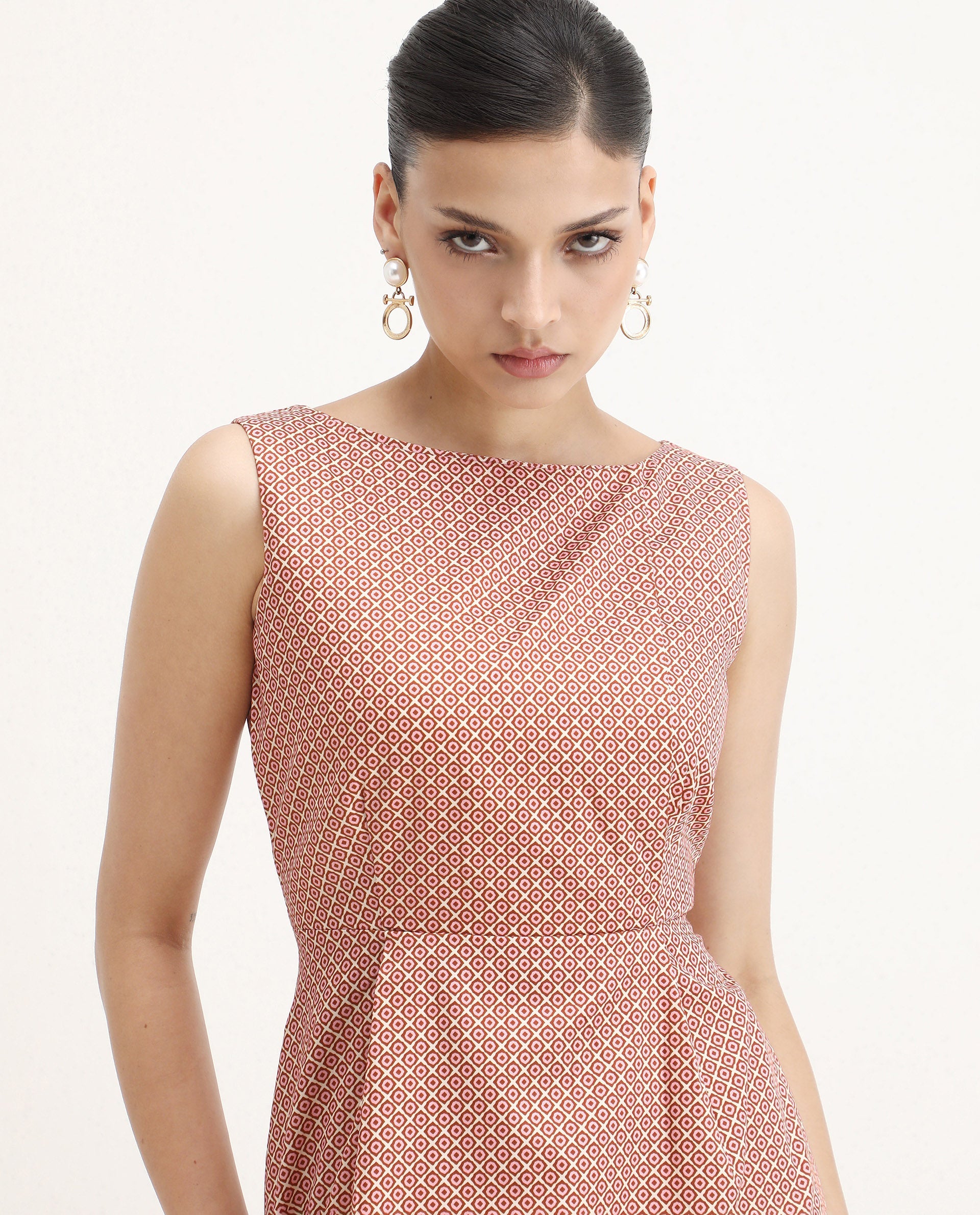 Rareism Women's Jexor Pink Cotton Boat Neck A-Line Printed Midi Dress