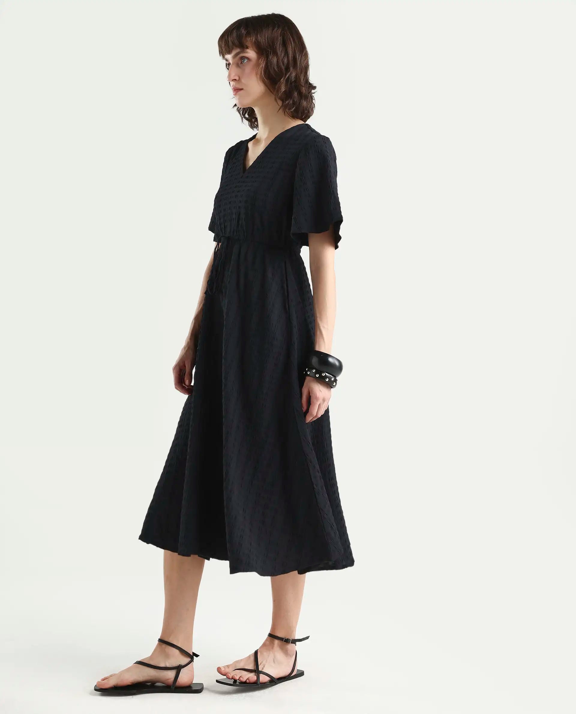 Rareism Women's Jiop Black Cotton Blend Plain Fit And Flare Dress