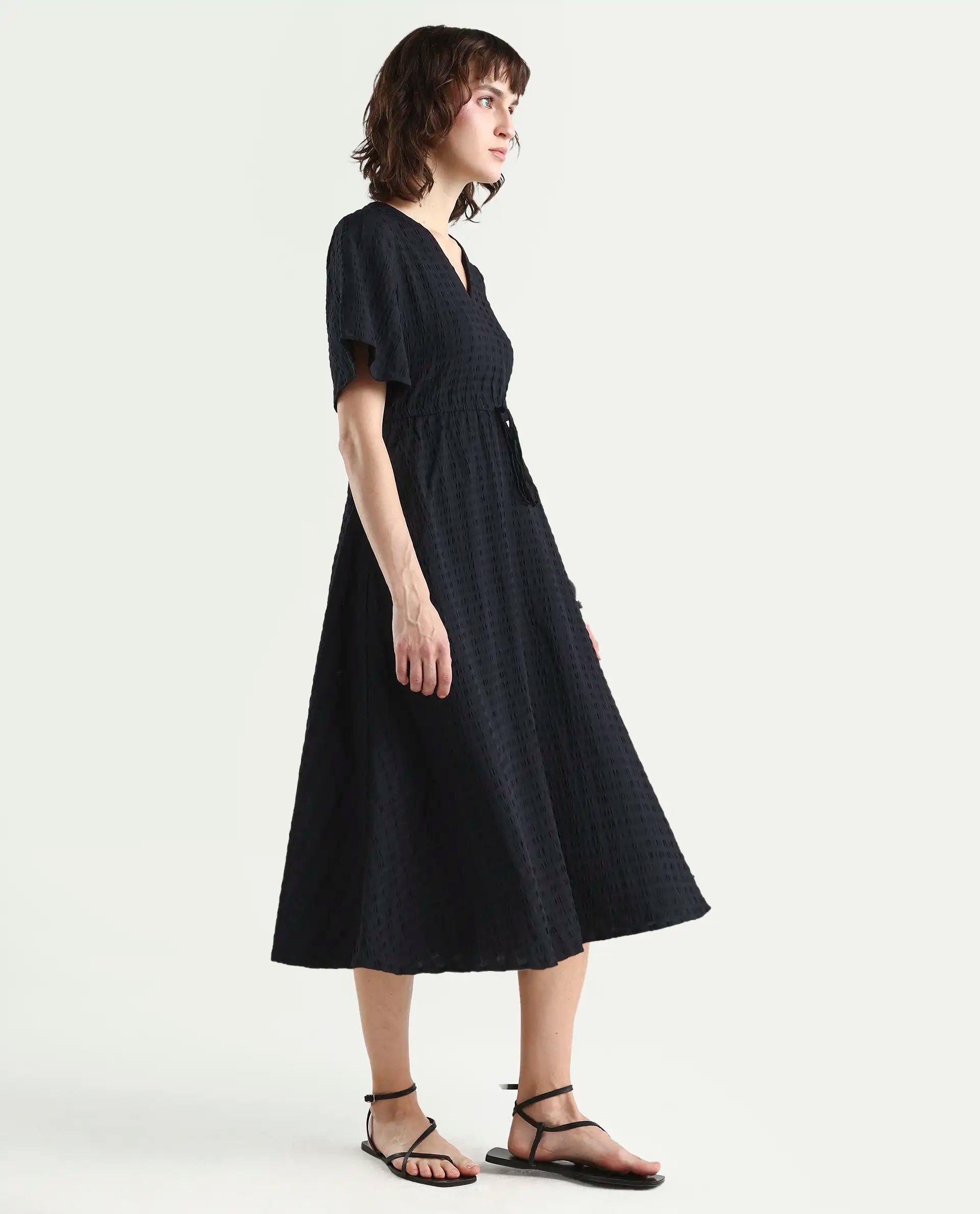 Rareism Women's Jiop Black Cotton Blend Plain Fit And Flare Dress