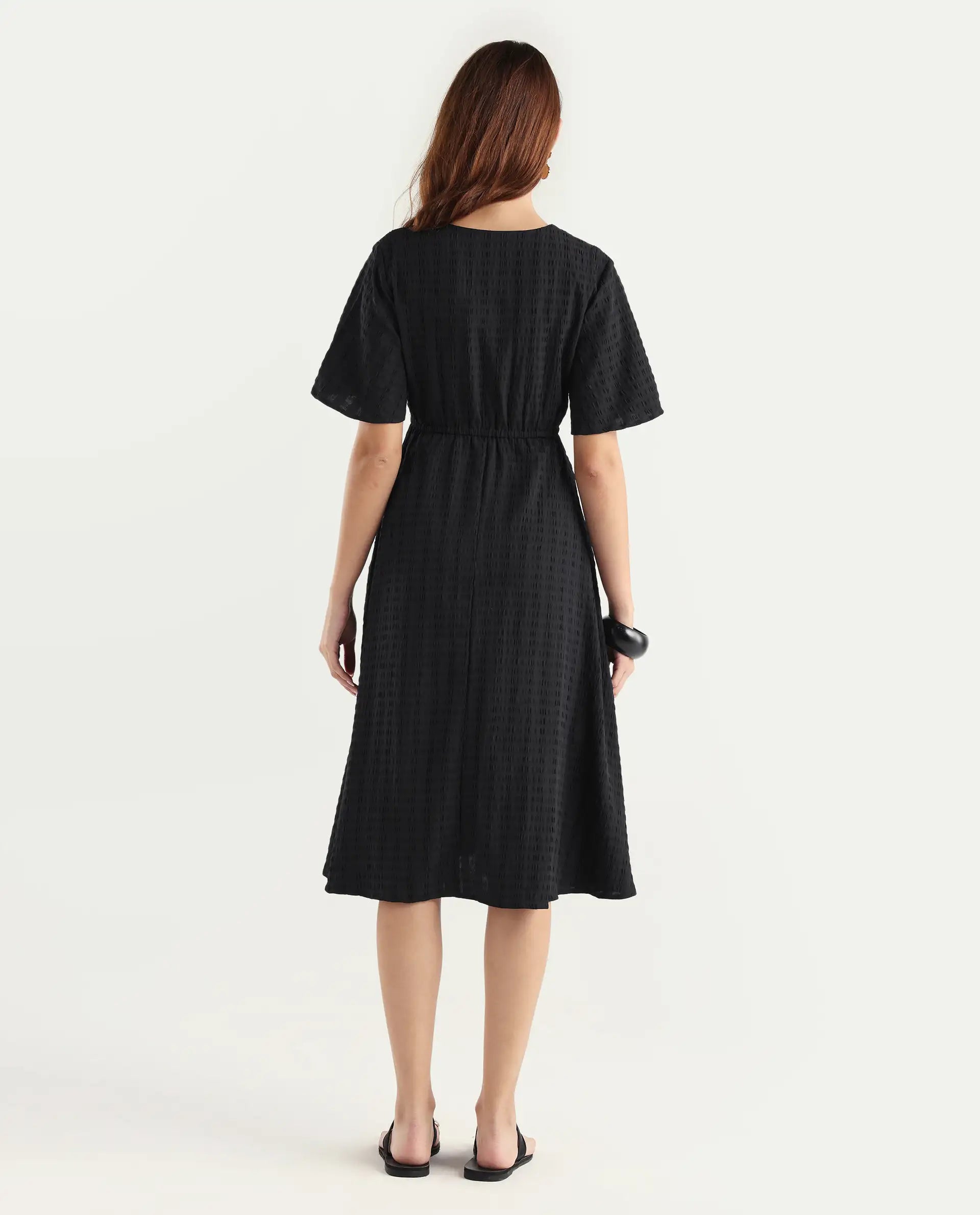 Rareism Women's Jiop Black Cotton Blend Plain Fit And Flare Dress