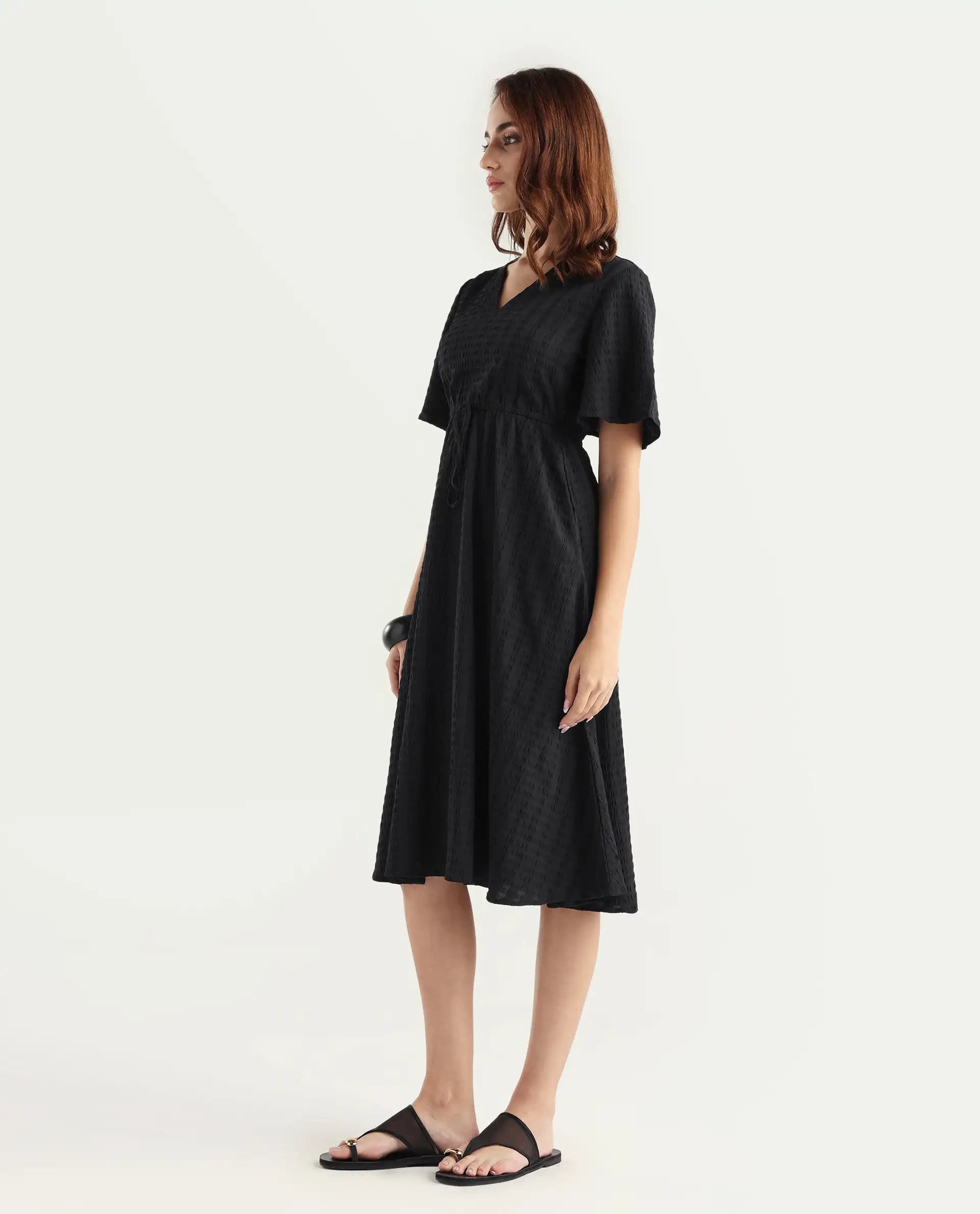 Rareism Women's Jiop Black Cotton Blend Plain Fit And Flare Dress