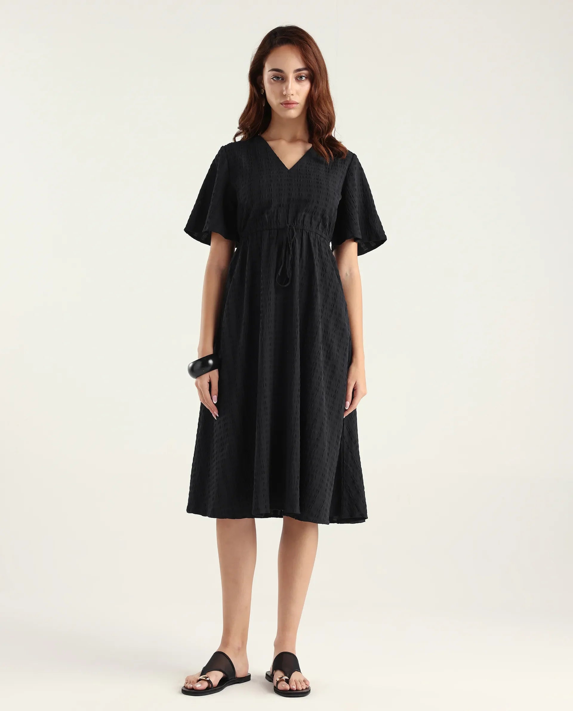 Rareism Women's Airin Black Polyester Half Sleeve V-Neck Flared Dress