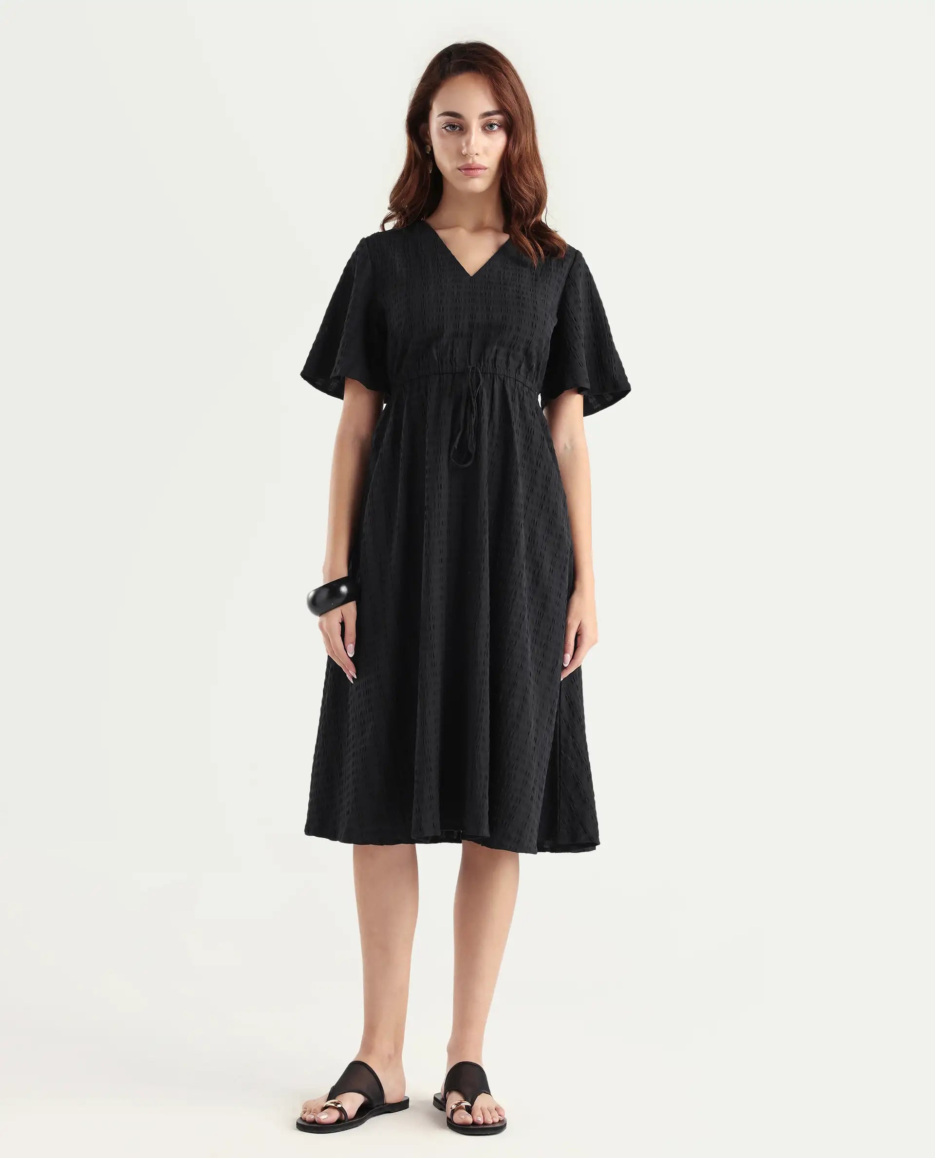 Rareism Women's Jiop Black Cotton Blend Plain Fit And Flare Dress