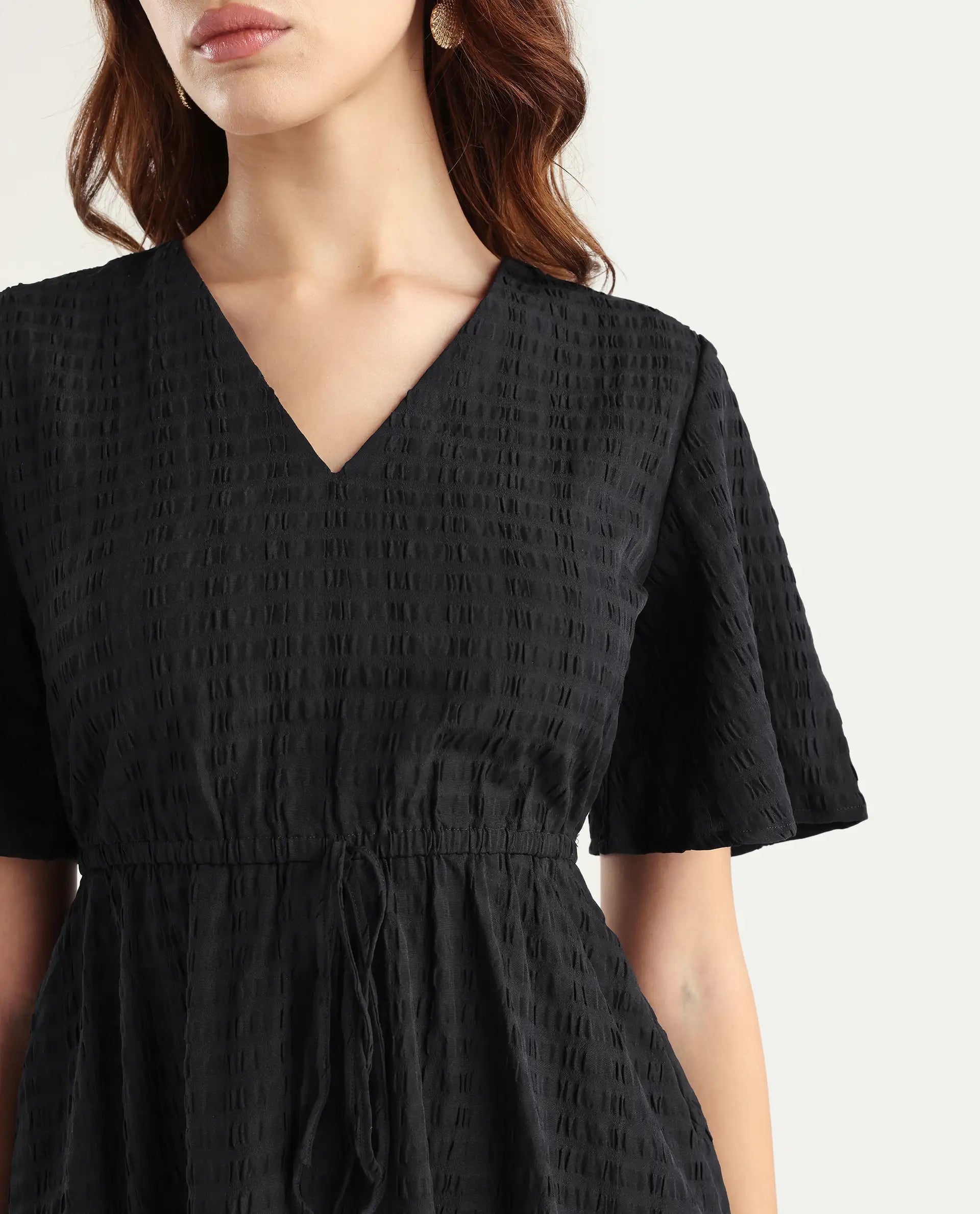 Rareism Women's Jiop Black Cotton Blend Plain Fit And Flare Dress