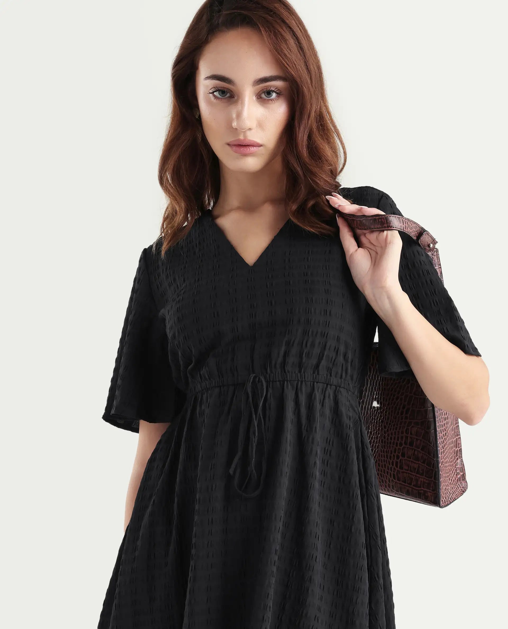 Rareism Women's Jiop Black Cotton Blend Plain Fit And Flare Dress