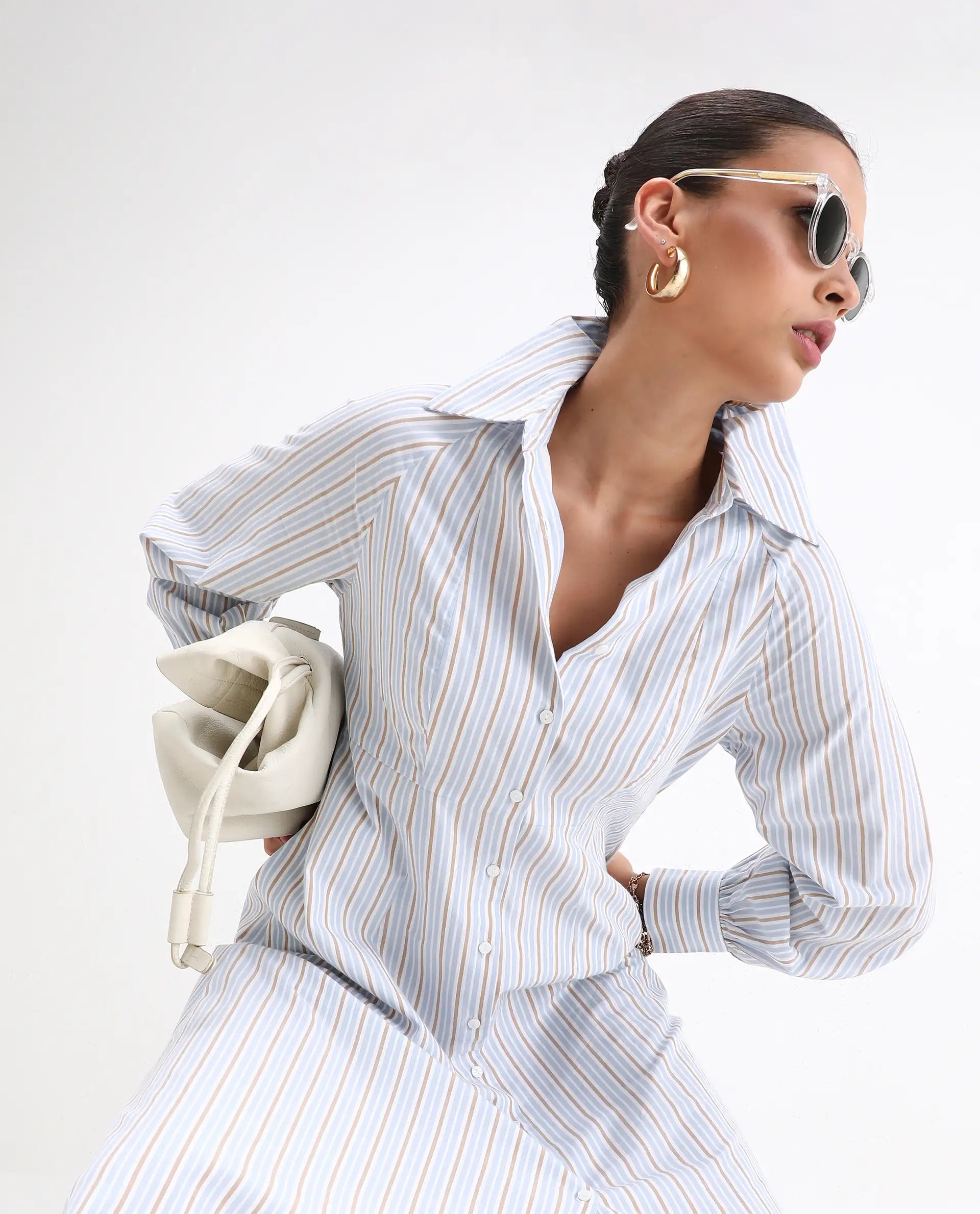 Rareism Women Juqo Light Blue Cotton Fabric Raglan Sleeves Collared Neck Button Closure A-Line Maxi Striped Dress