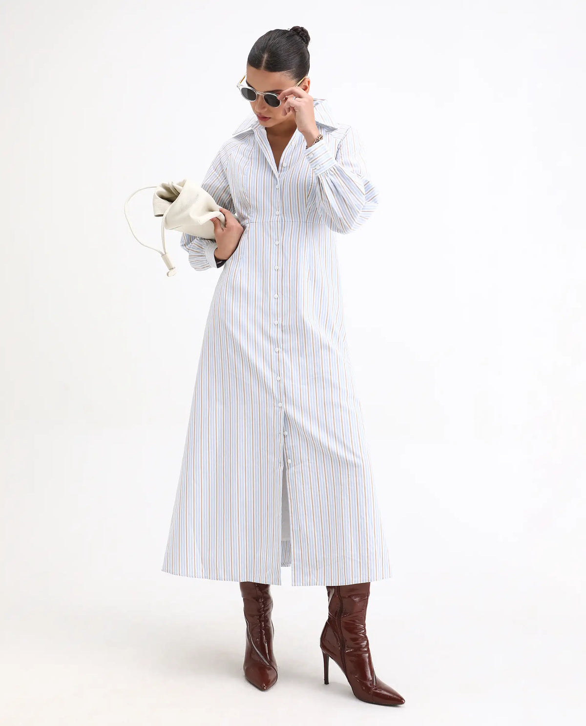Rareism Women Juqo Light Blue Cotton Fabric Raglan Sleeves Collared Neck Button Closure A-Line Maxi Striped Dress