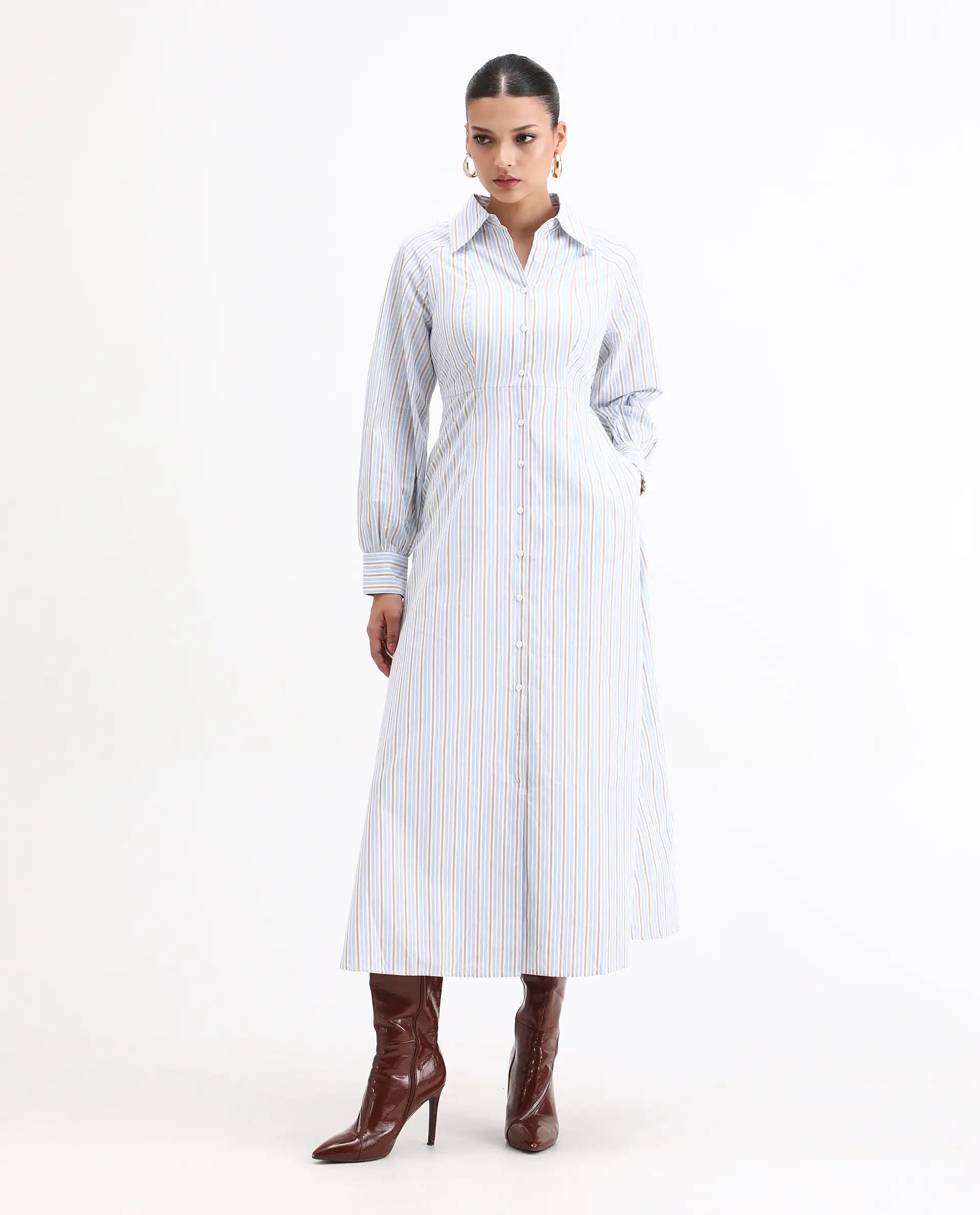 Rareism Women Juqo Light Blue Cotton Fabric Raglan Sleeves Collared Neck Button Closure A-Line Maxi Striped Dress