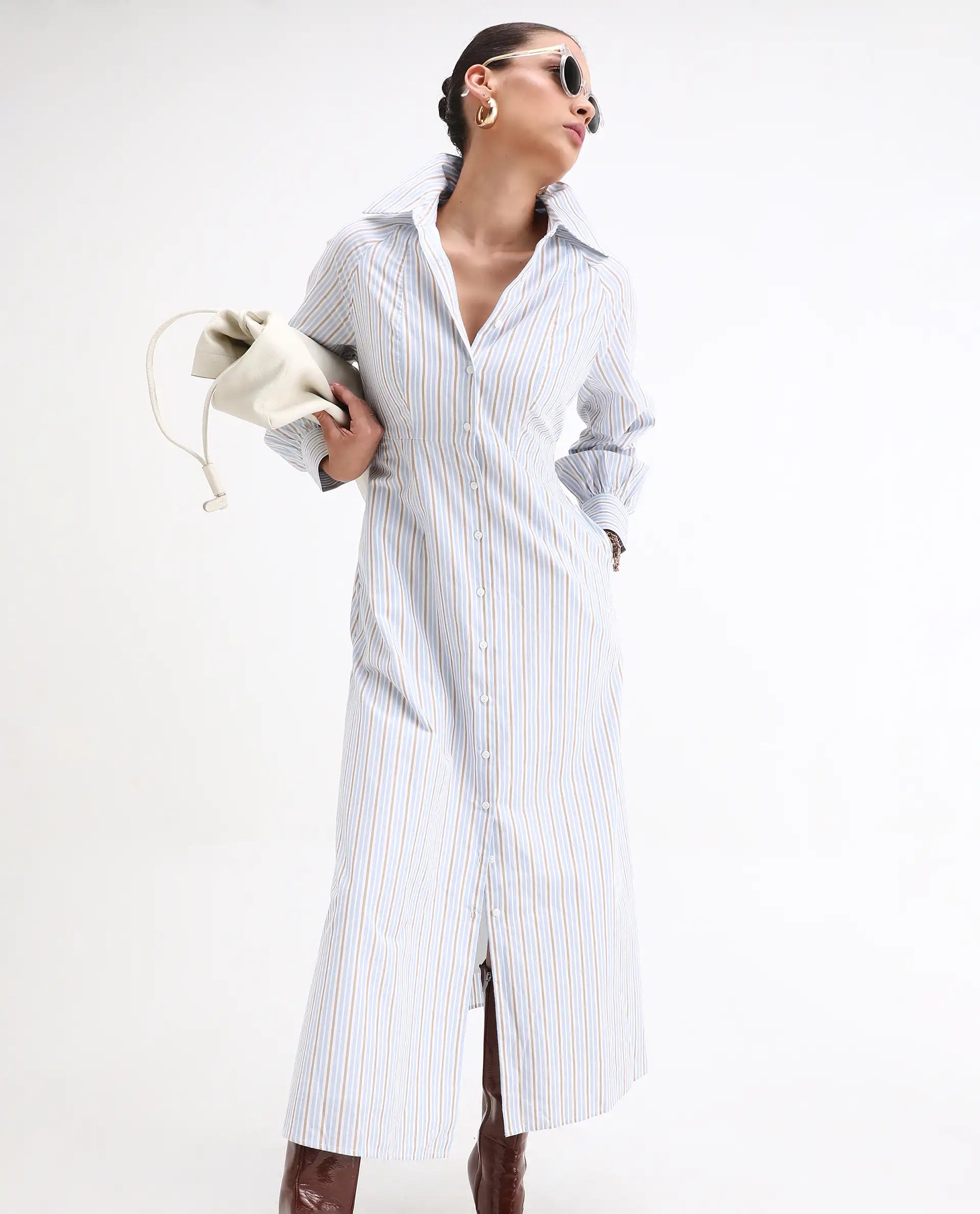 Rareism Women Juqo Light Blue Cotton Fabric Raglan Sleeves Collared Neck Button Closure A-Line Maxi Striped Dress