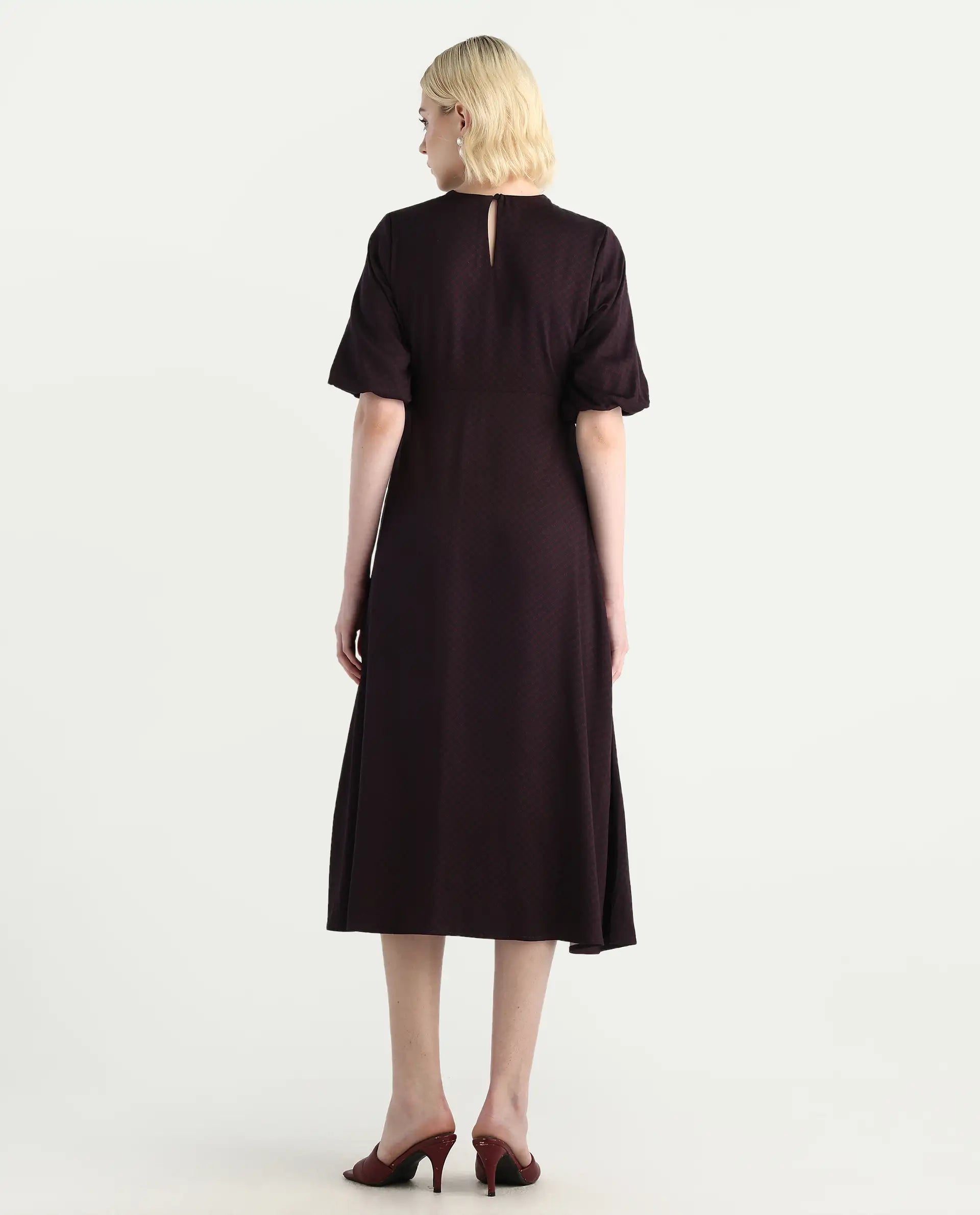 Rareism Women's Jumen Black Viscose Crew Neck A-Line Printed Dress