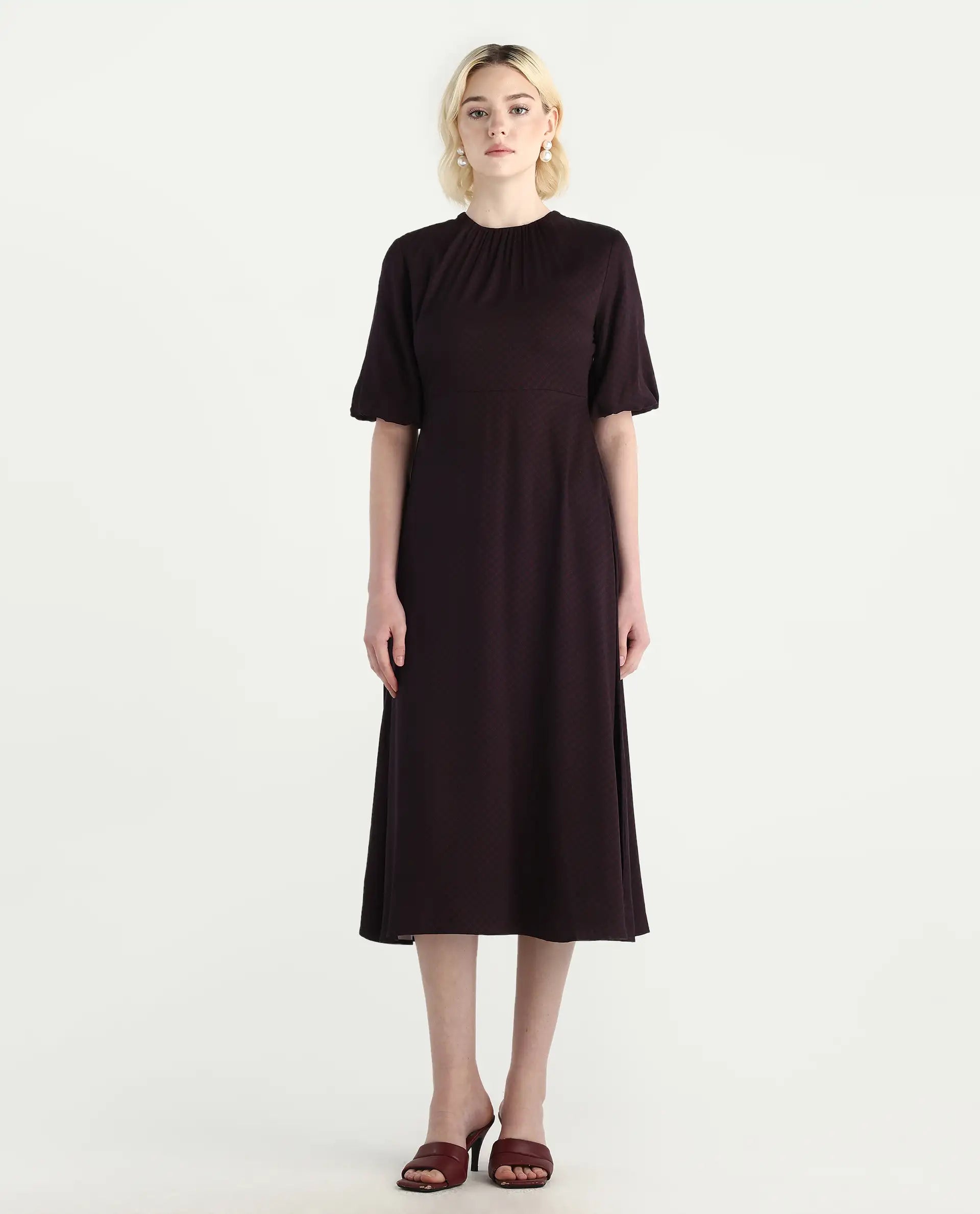 Rareism Women's Jumen Black Viscose Crew Neck A-Line Printed Dress