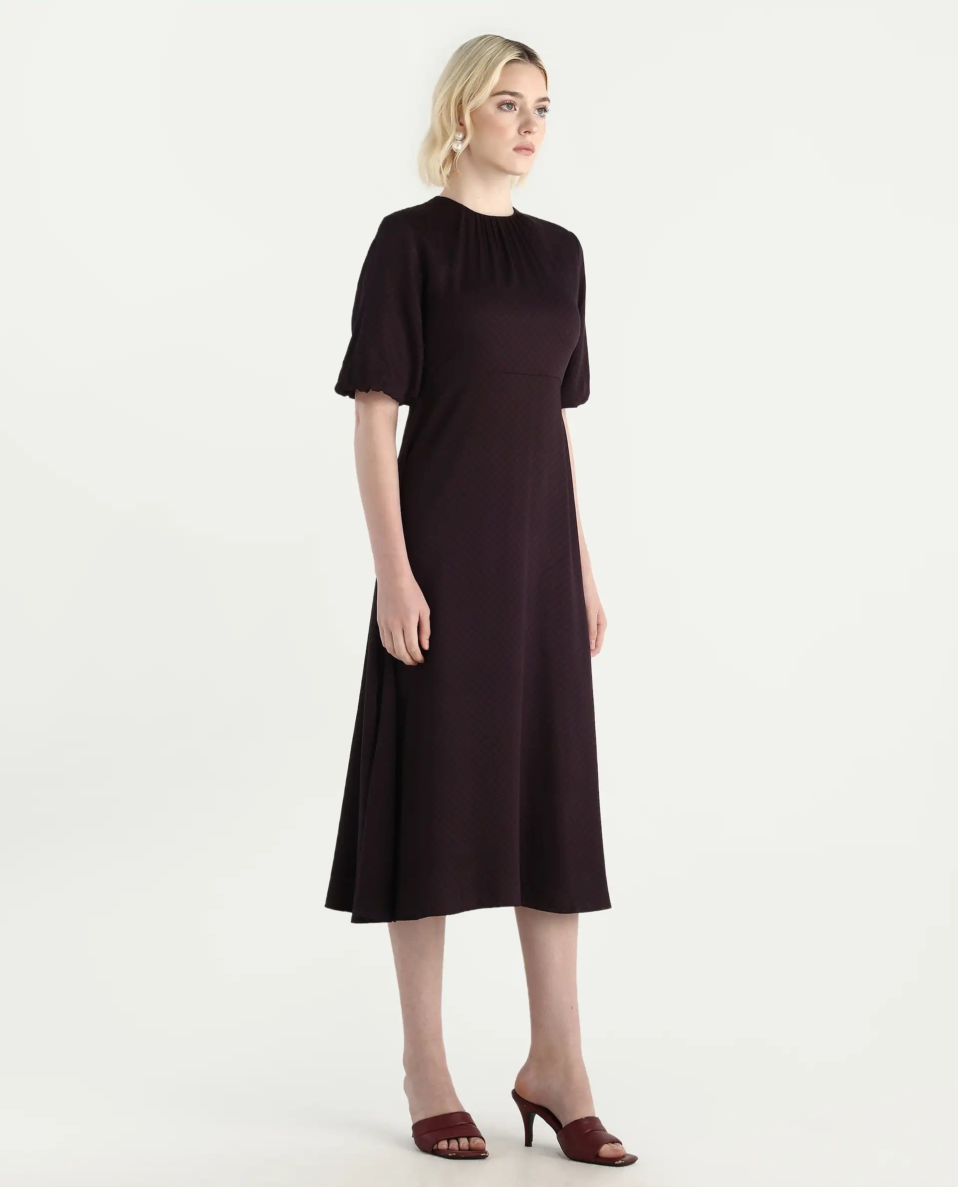 Rareism Women's Jumen Black Viscose Crew Neck A-Line Printed Dress