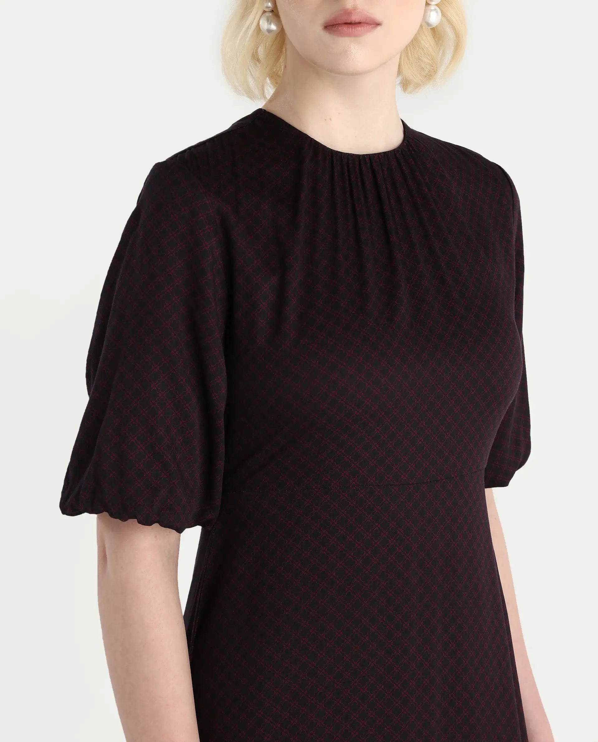 Rareism Women's Jumen Black Viscose Crew Neck A-Line Printed Dress