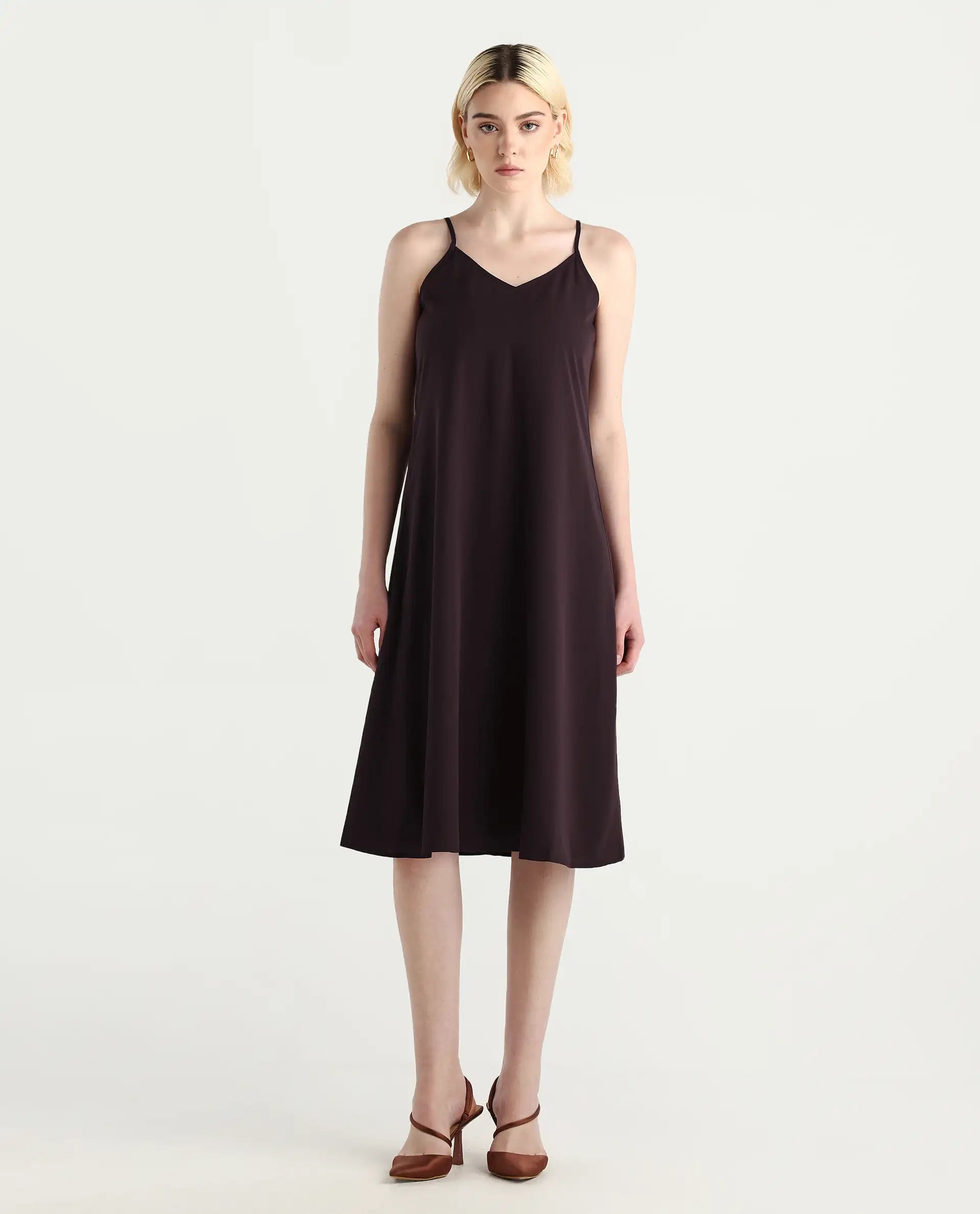 Rareism Women's Jumi Dark Brown Viscose Blend Raglan Sleeves V-Neck Flared Fit Plain Dress