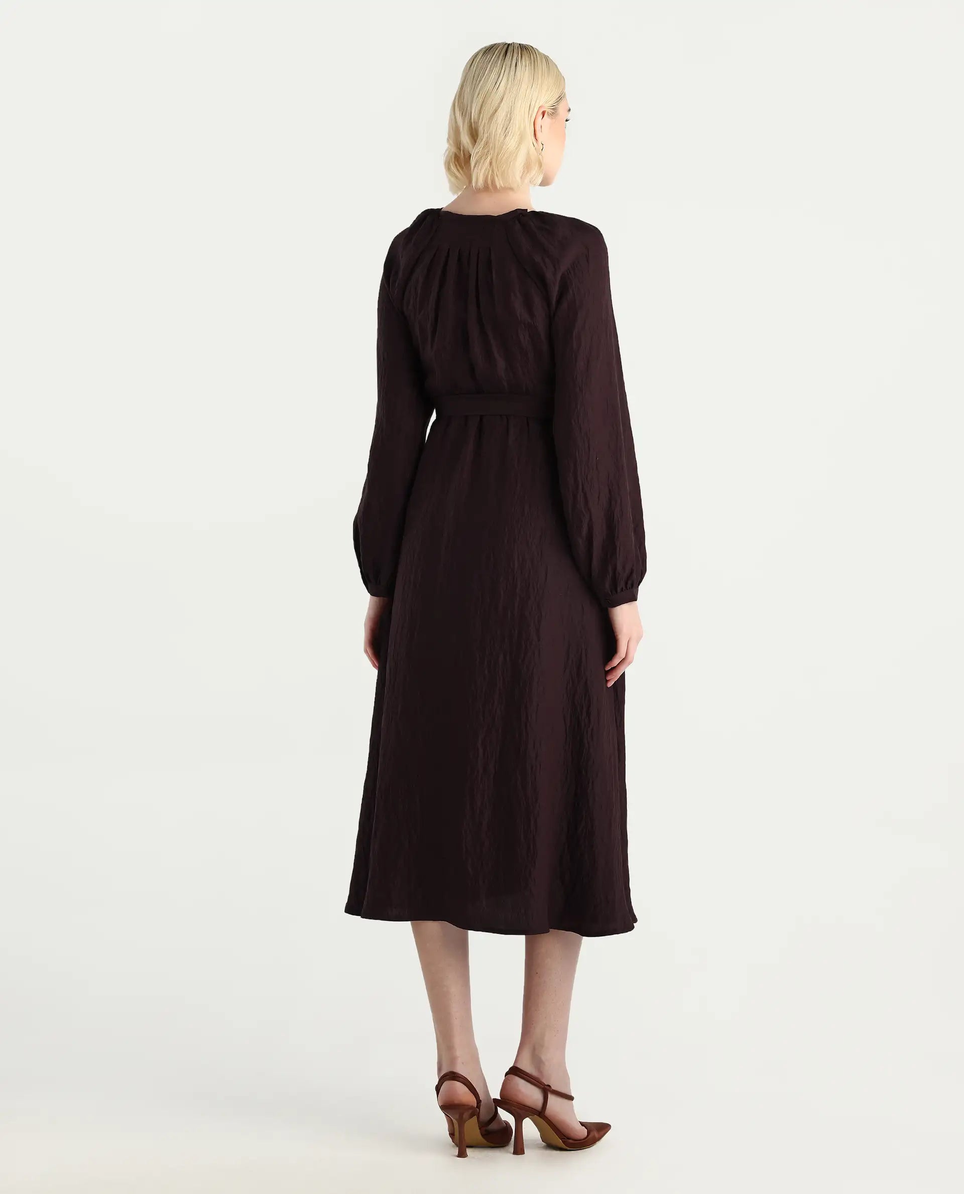 Rareism Women's Jumi Dark Brown Viscose Blend Raglan Sleeves V-Neck Flared Fit Plain Dress