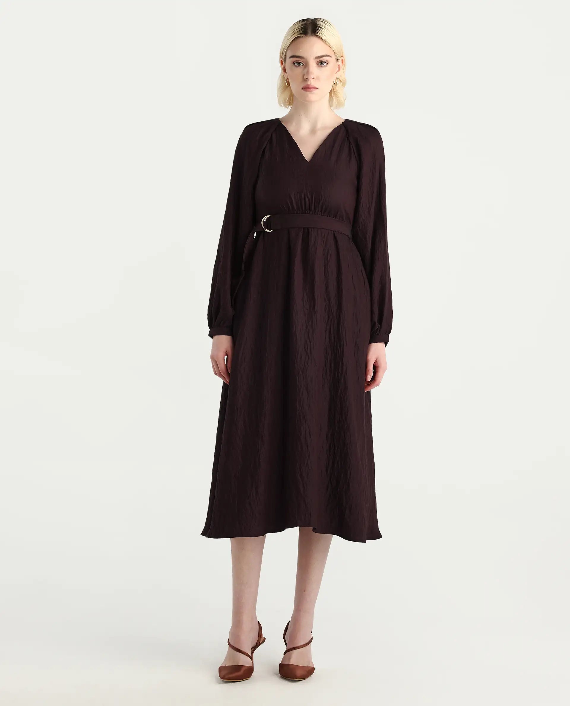 Rareism Women's Jumi Dark Brown Viscose Blend Raglan Sleeves V-Neck Flared Fit Plain Dress