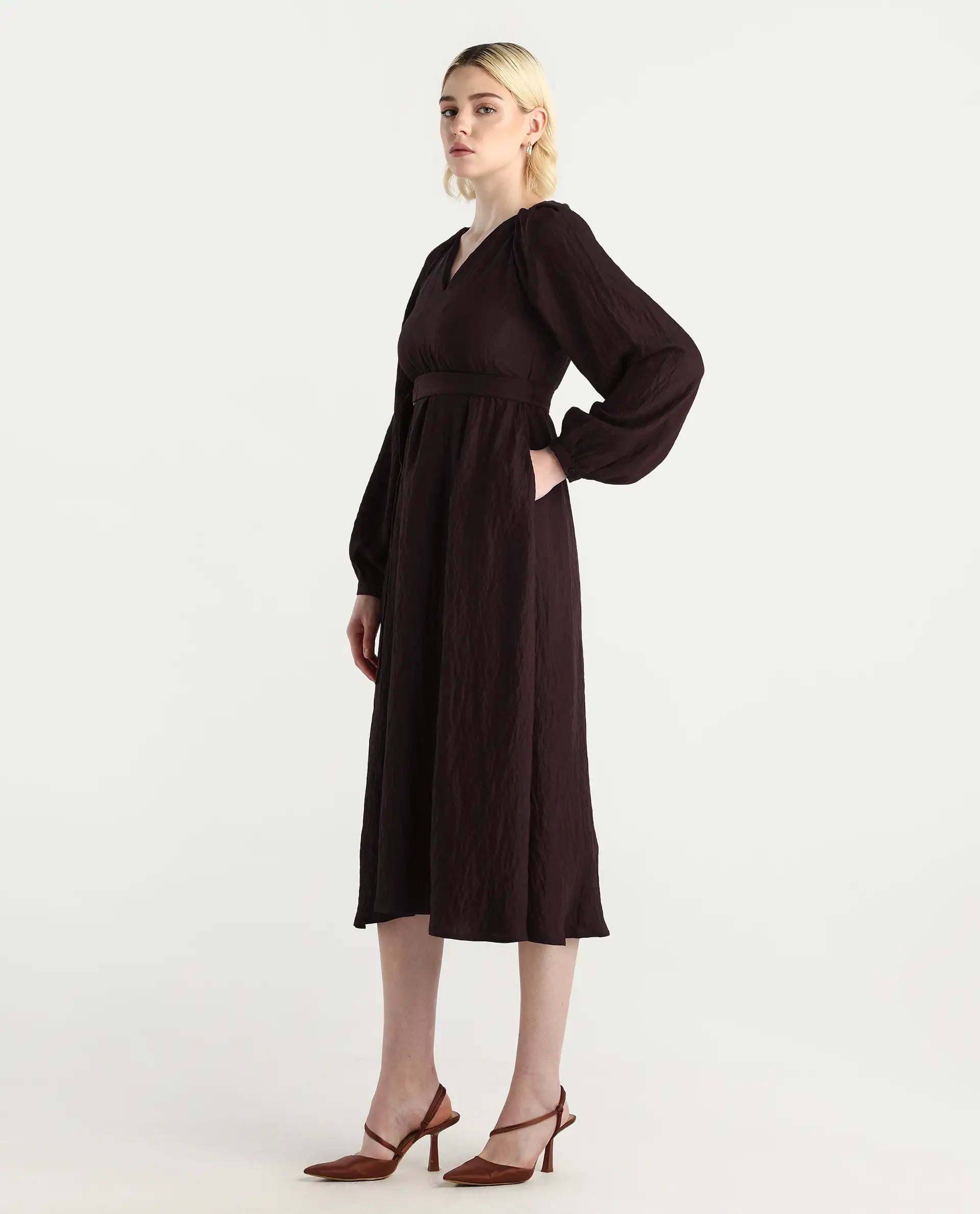 Rareism Women's Jumi Dark Brown Viscose Blend Raglan Sleeves V-Neck Flared Fit Plain Dress