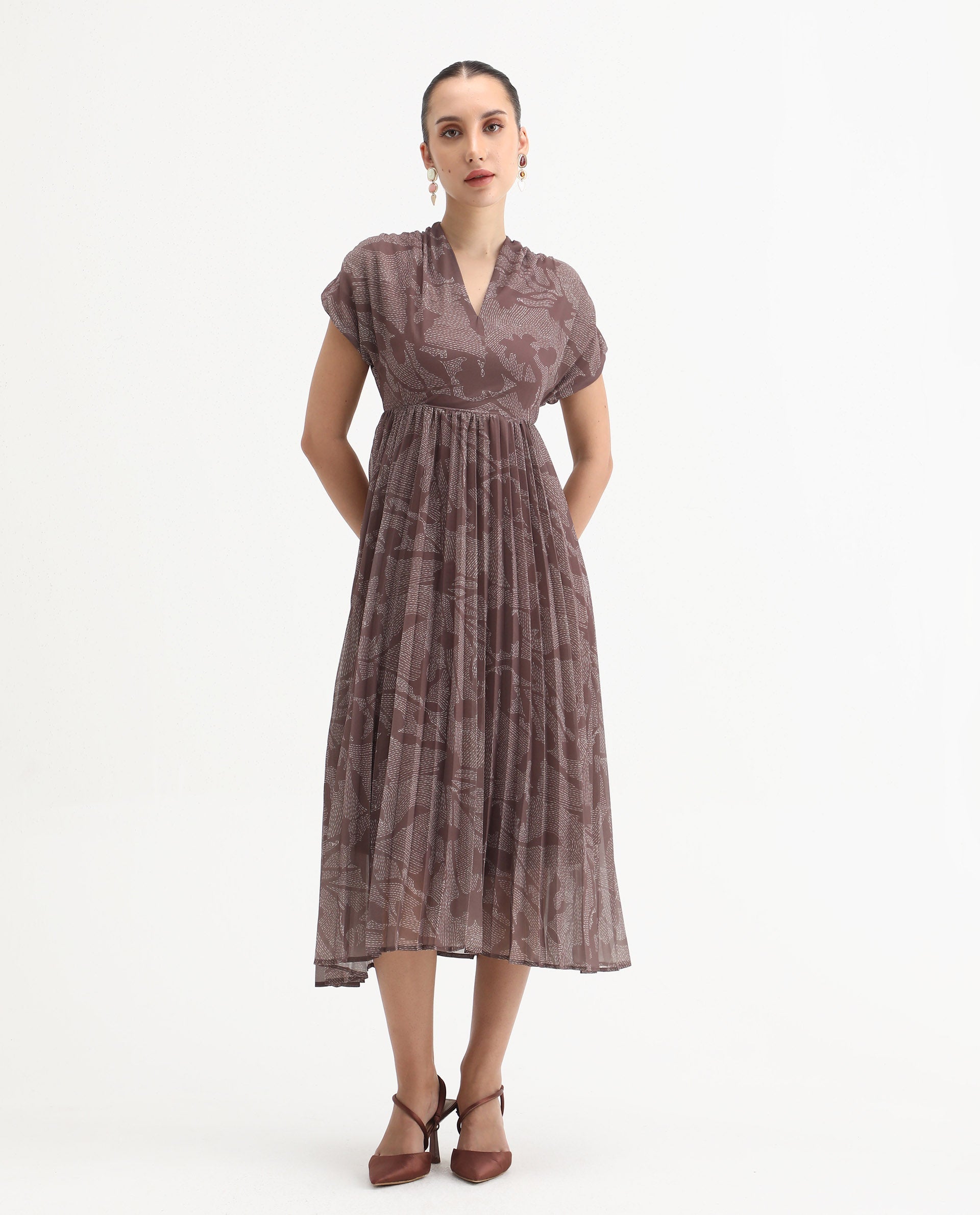 Rareism Women's Juremi Light Brown Cotton V-Neck Fit And Flare Printed Dress