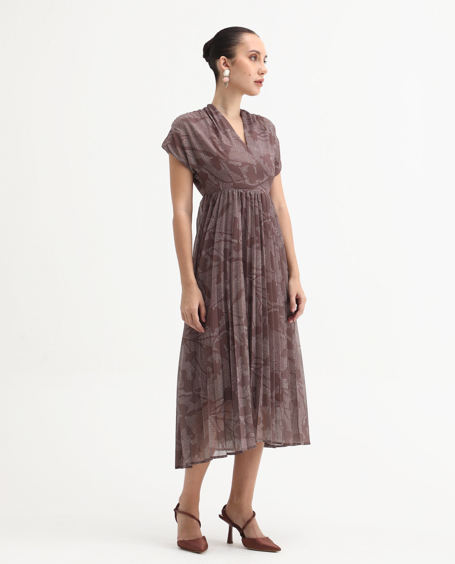 Rareism Women's Juremi Light Brown Cotton V-Neck Fit And Flare Printed Dress