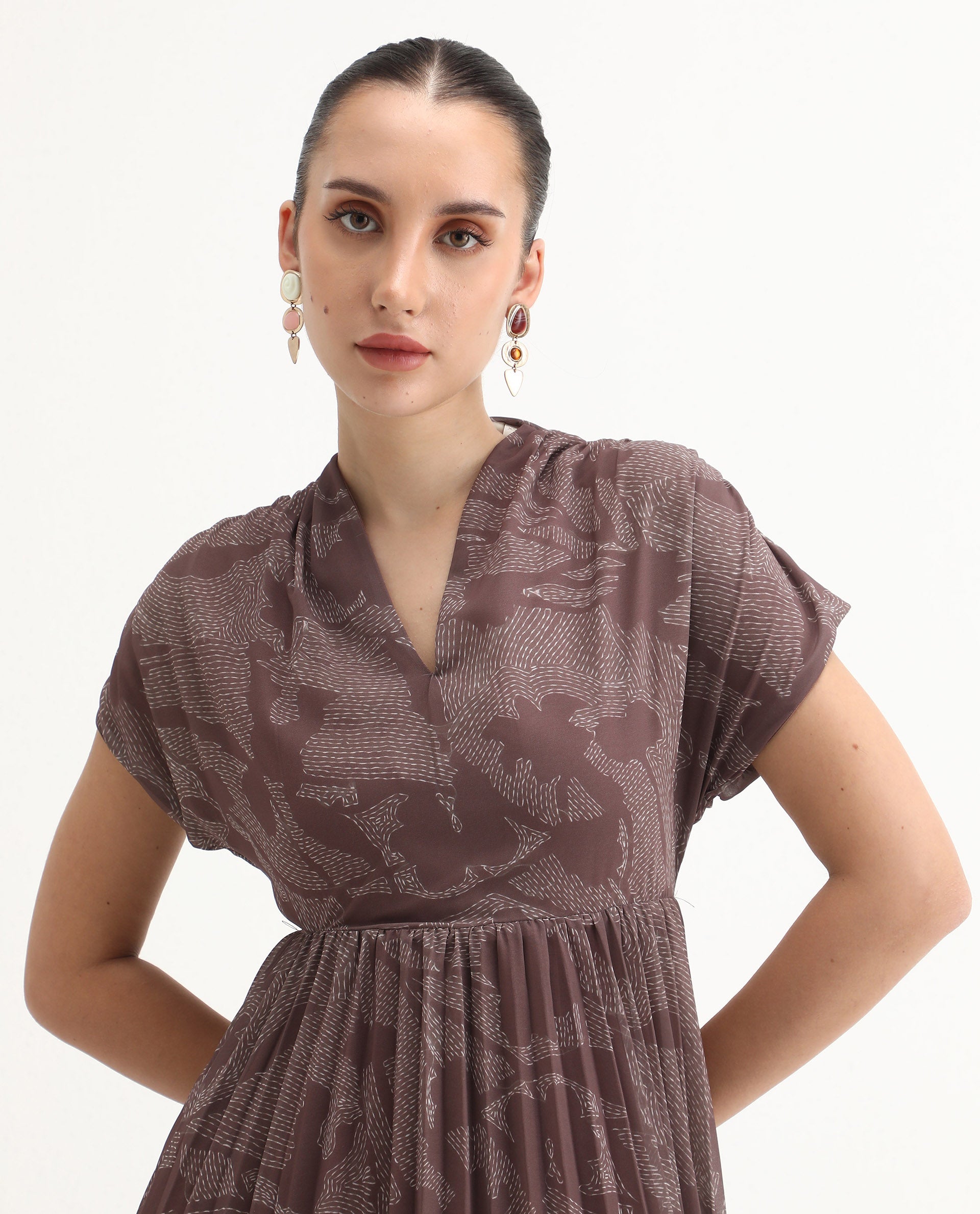 Rareism Women's Juremi Light Brown Cotton V-Neck Fit And Flare Printed Dress