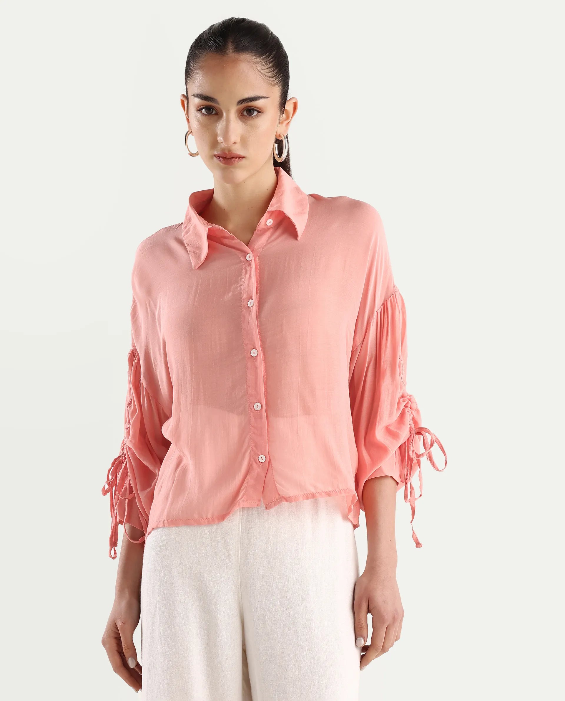 Rareism Women's Jux Pastel Pink Polyester Blend Drop Collar Plain Cuffed Sleeve Regular Fit Top