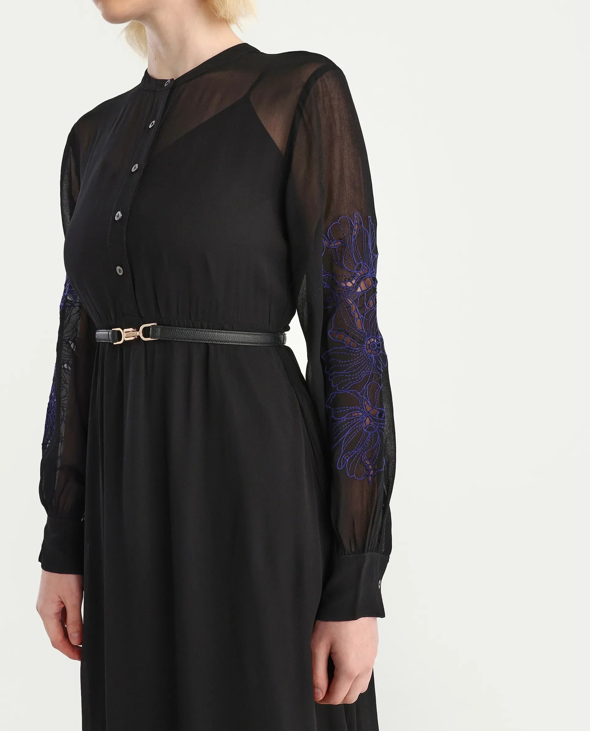 Rareism Women's Jux Black Viscose Full Sleeve Spread Collar Fit And Flare Dress