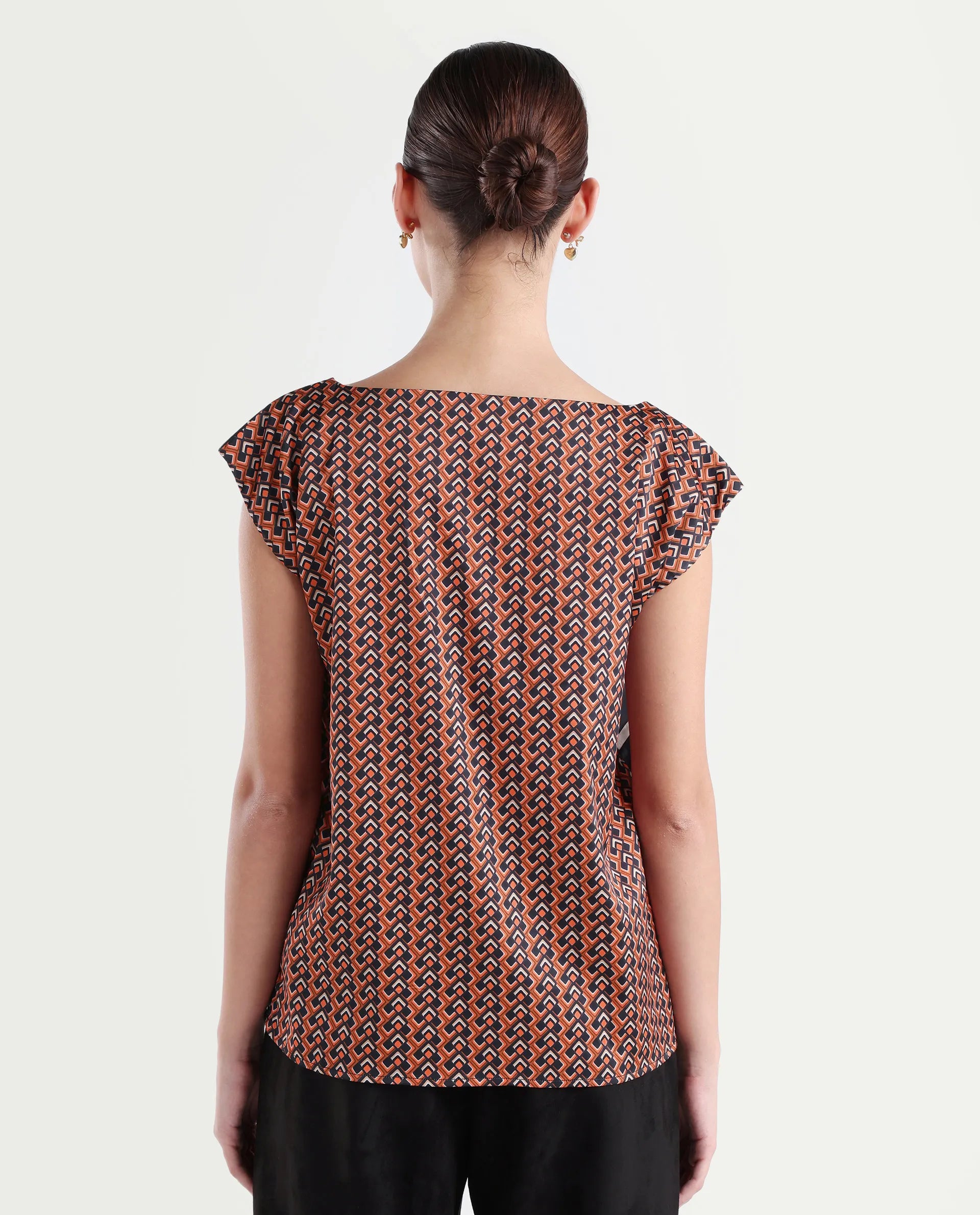 Rareism Women's Kanad Orange Polyester Boat Neck Geometric Print Extended Sleeves Relaxed Fit Top