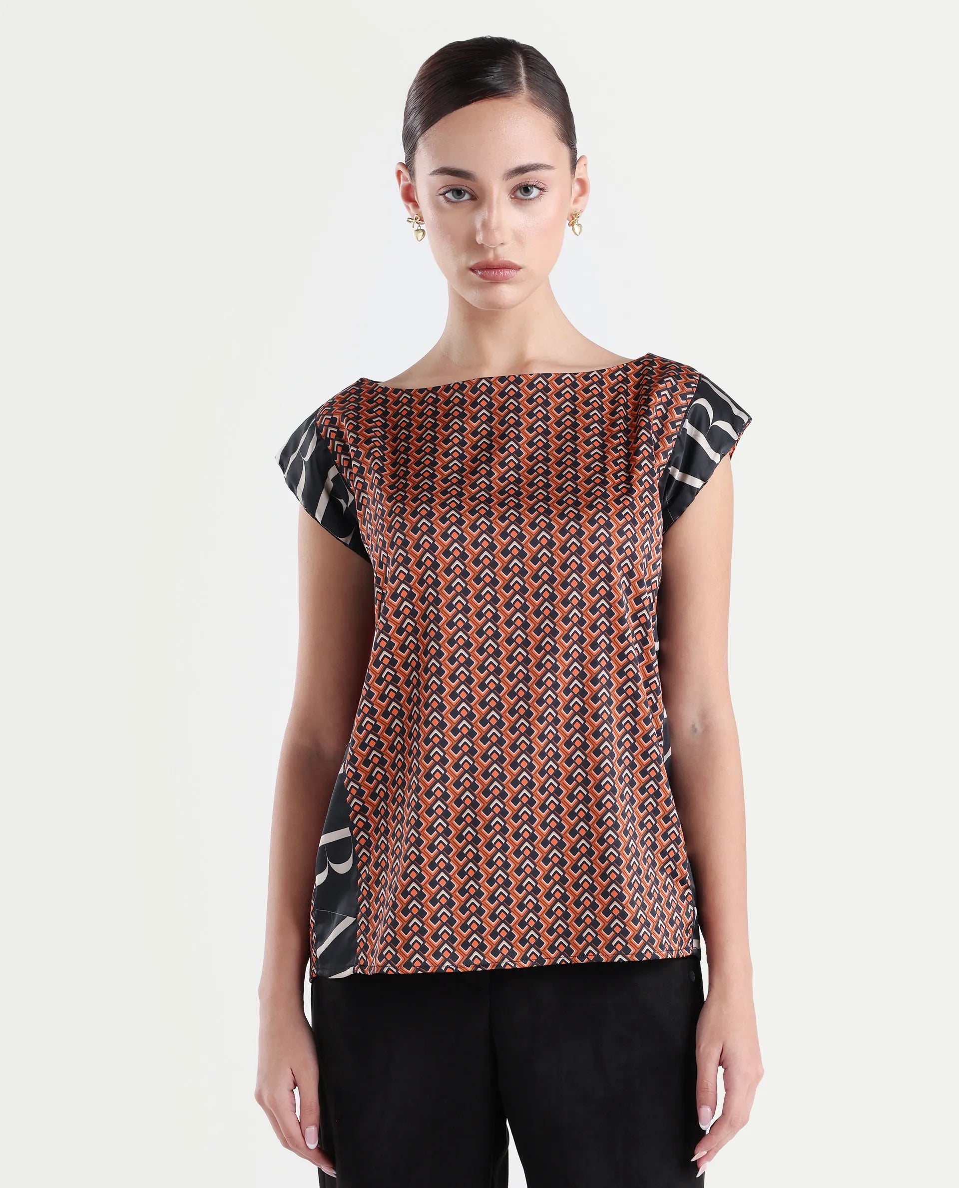 Rareism Women's Kanad Orange Polyester Boat Neck Geometric Print Extended Sleeves Relaxed Fit Top