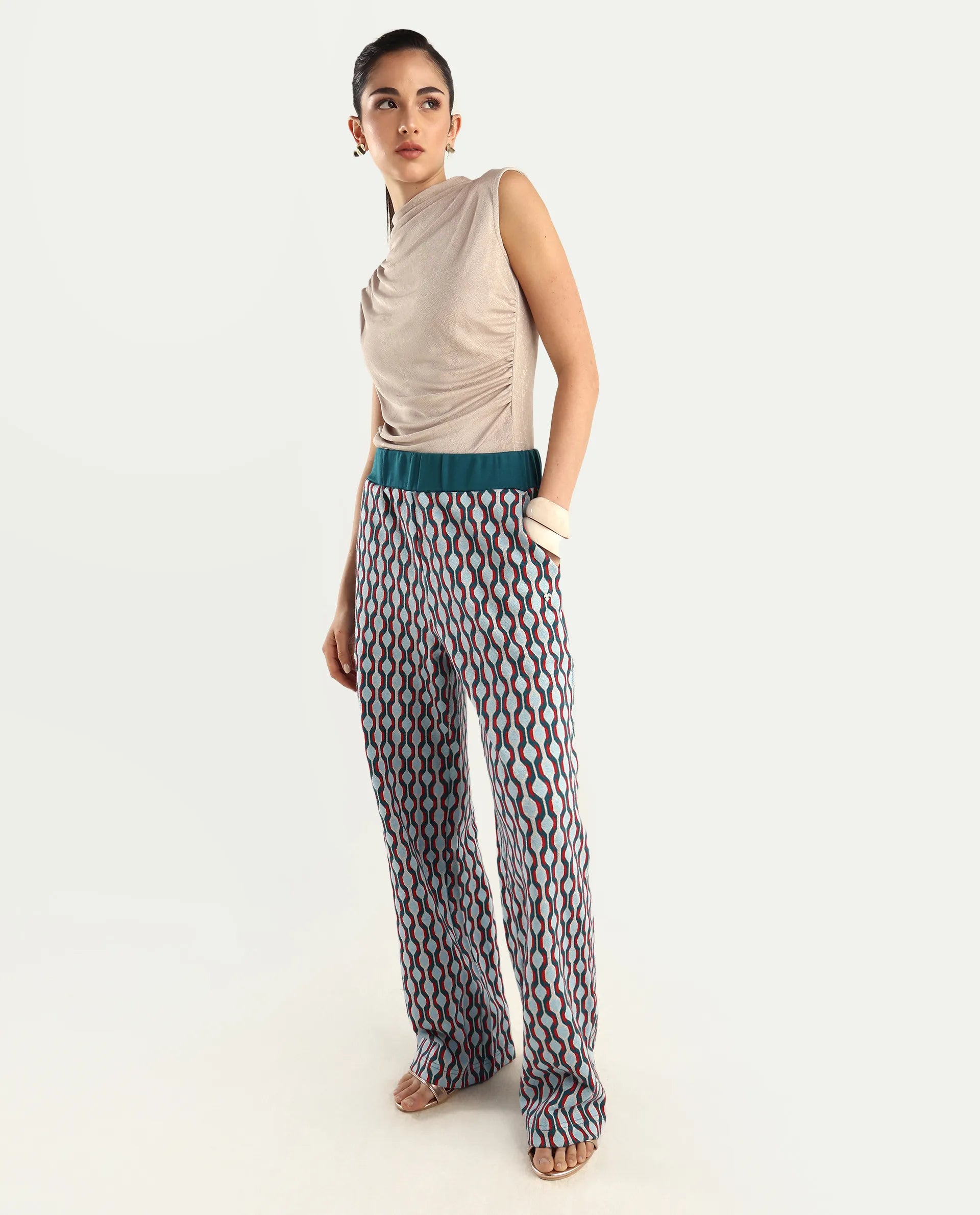 Rareism Women's Kane Multi Cotton Blend Geometric Print Ankle Length Straight Fit Track Pant