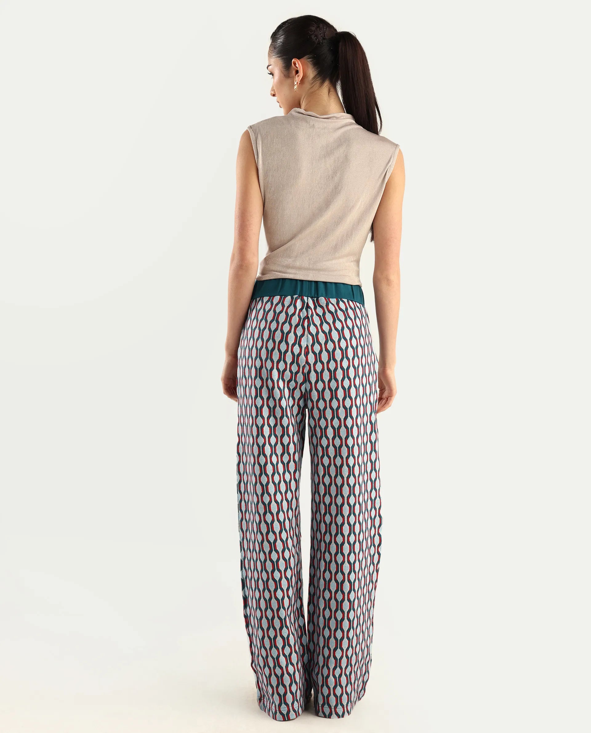 Rareism Women's Kane Multi Cotton Blend Geometric Print Ankle Length Straight Fit Track Pant