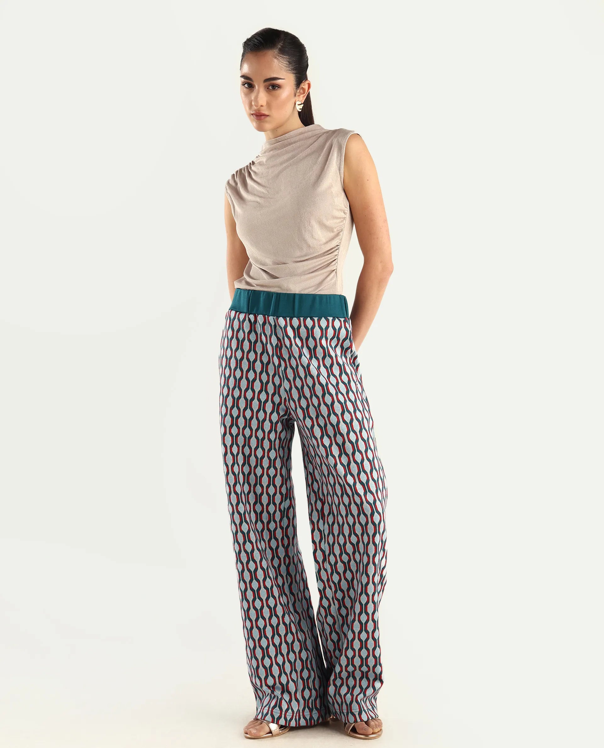 Rareism Women's Kane Multi Cotton Blend Geometric Print Ankle Length Straight Fit Track Pant