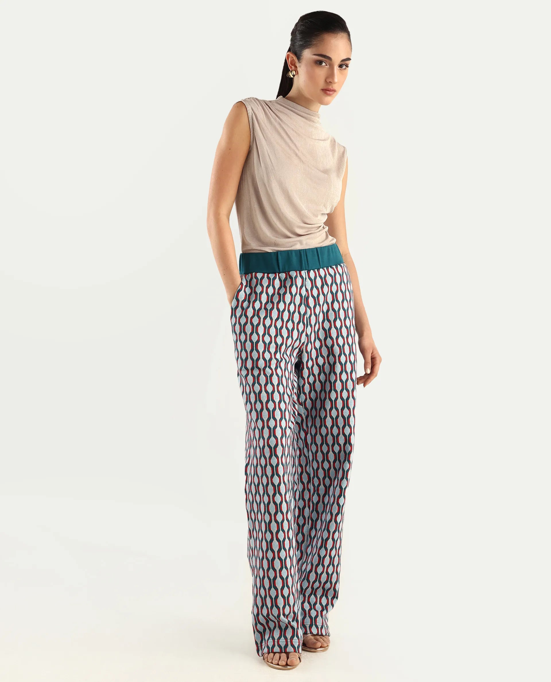 Rareism Women's Kane Multi Cotton Blend Geometric Print Ankle Length Straight Fit Track Pant