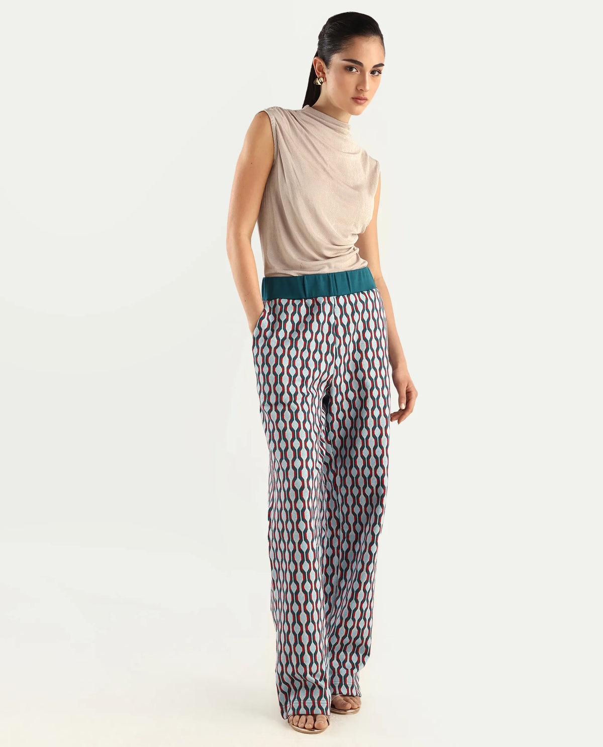 Rareism Women's Kane Multi Cotton Blend Geometric Print Ankle Length Straight Fit Track Pant